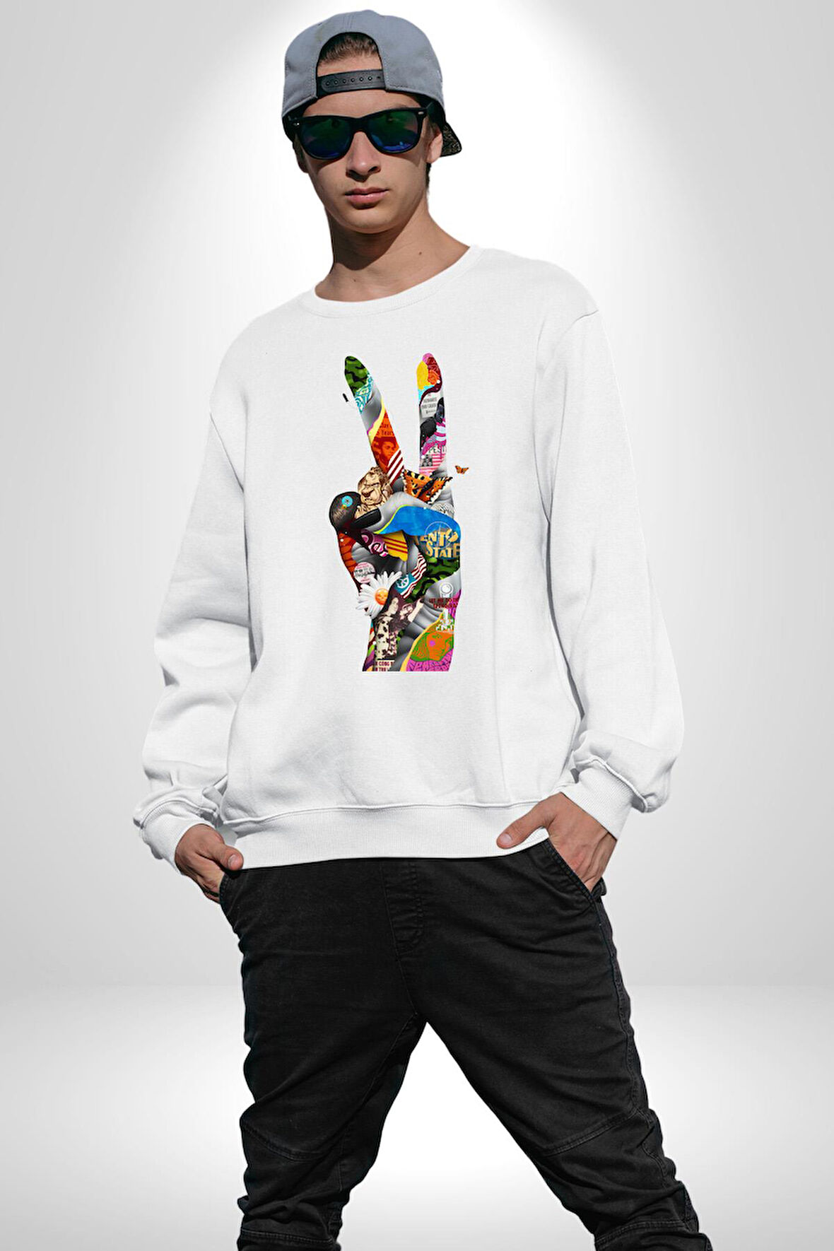 Dünya Barışı Özgürlük Zafer İşareti Erkek Kadın Unisex Dijital Baskılı Beyaz Sweatshirt