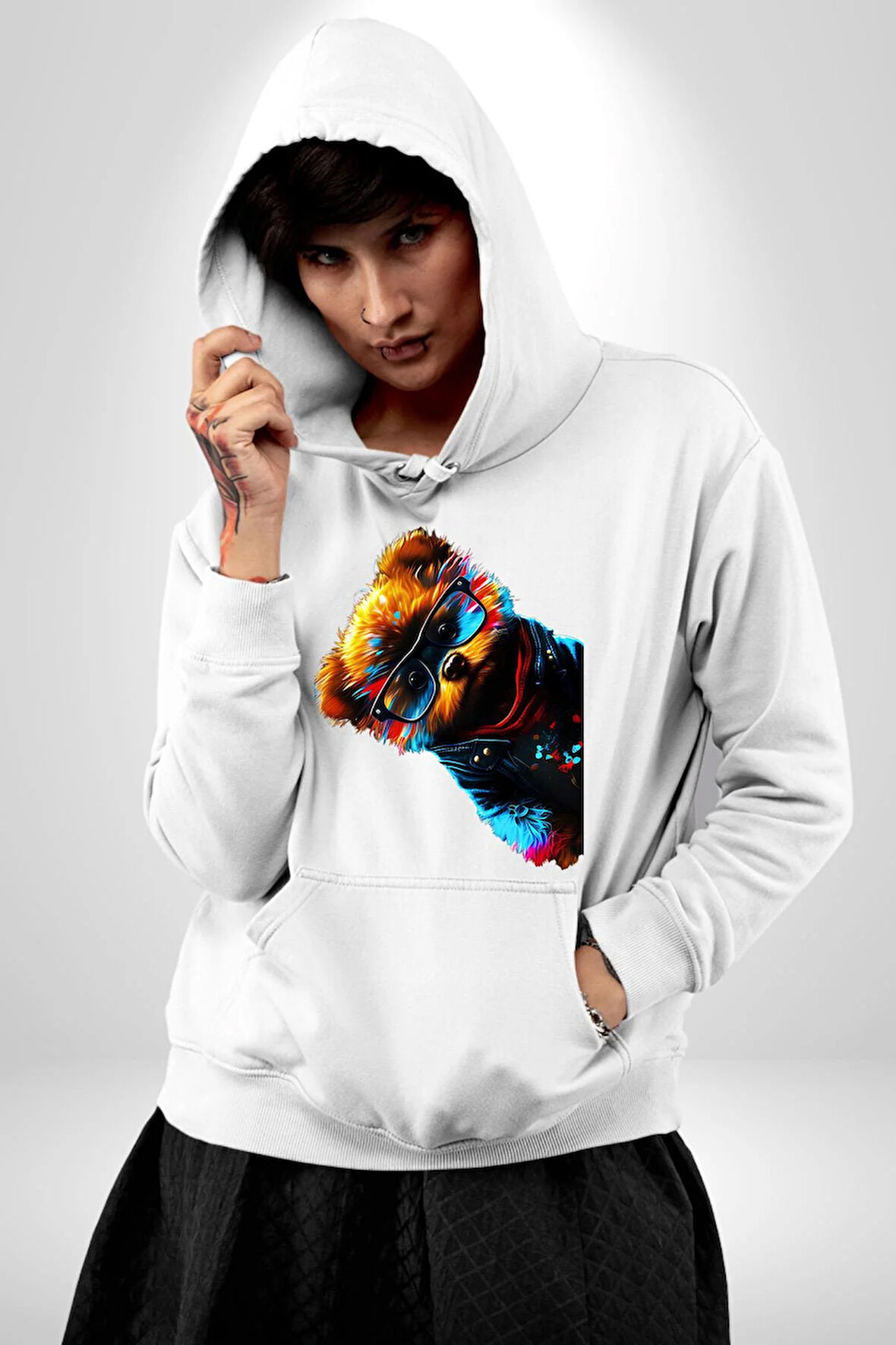 Cool Tedy Renkli Ayıcık Gözlük Erkek Kadın Beyaz Dijital Baskılı Kapüşonlu Sweatshirt Hoodie
