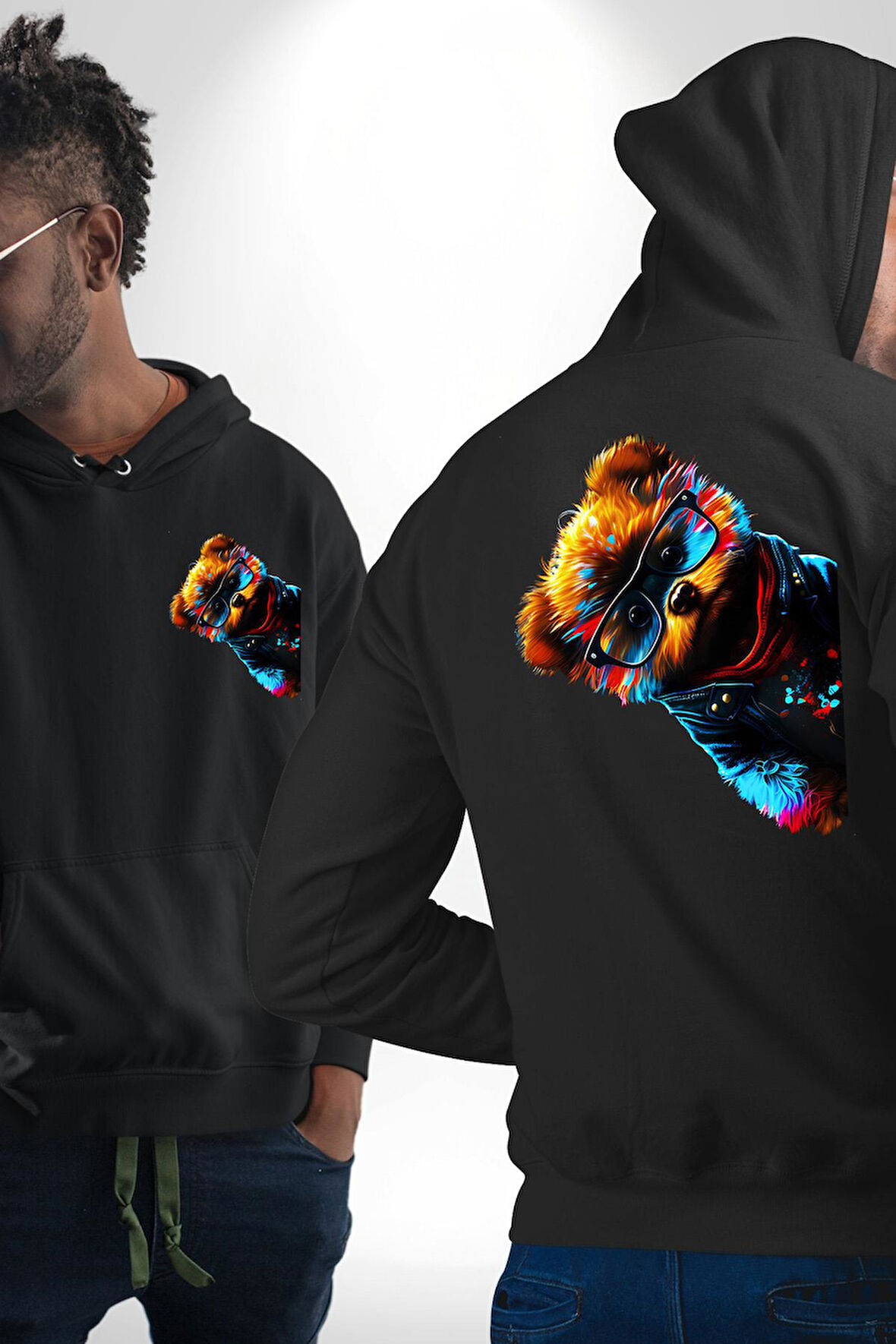 Cool Tedy Renkli Ayıcık Gözlük Erkek Kadın Siyah Ön Sırt Baskılı Kapüşonlu Sweatshirt Hoodie