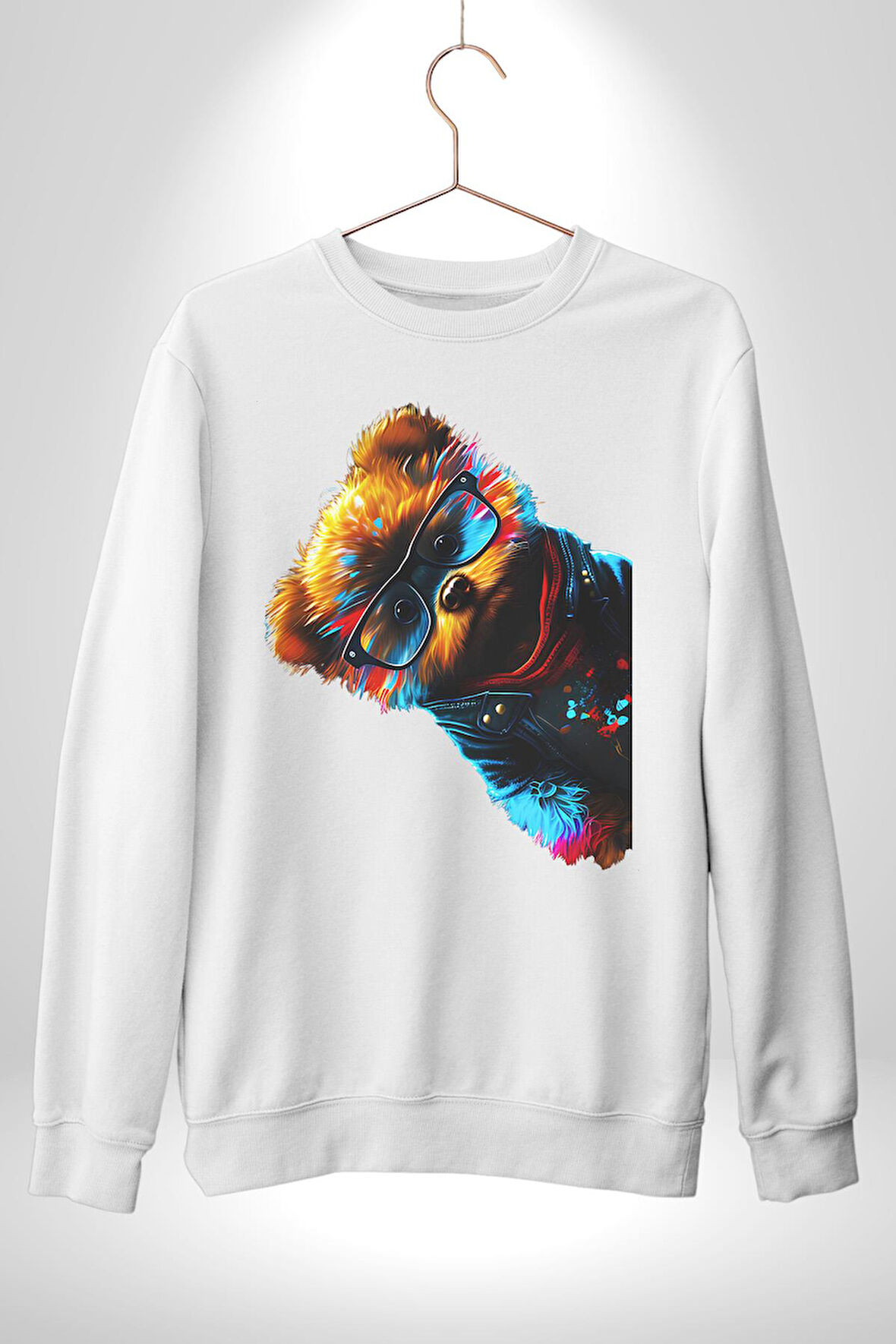 Cool Tedy Renkli Ayıcık Gözlük Erkek Kadın Unisex Dijital Baskılı Beyaz Sweatshirt