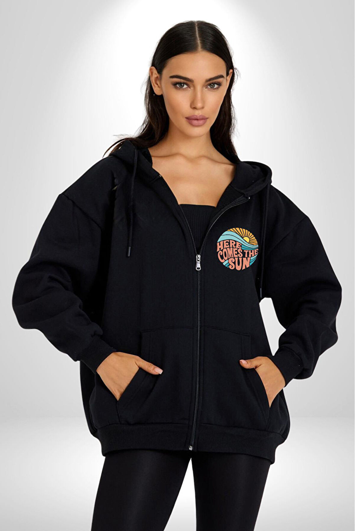 Yaz Tatili Güneş Geldi Tema Erkek Kadın Siyah Fermuarlı Baskılı Hırka Sweatshirt