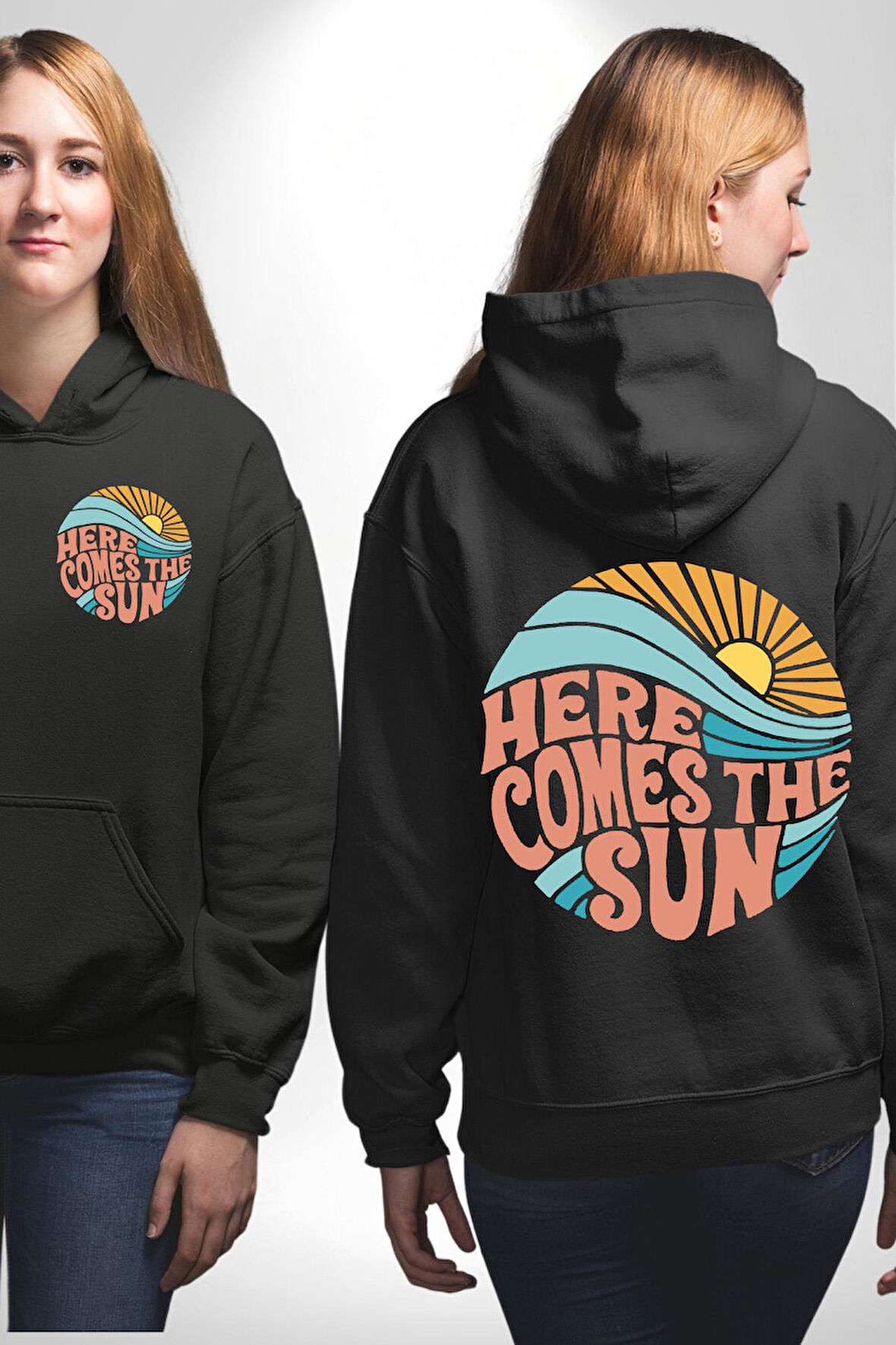 Yaz Tatili Güneş Geldi Tema Erkek Kadın Siyah Ön Sırt Baskılı Kapüşonlu Sweatshirt Hoodie