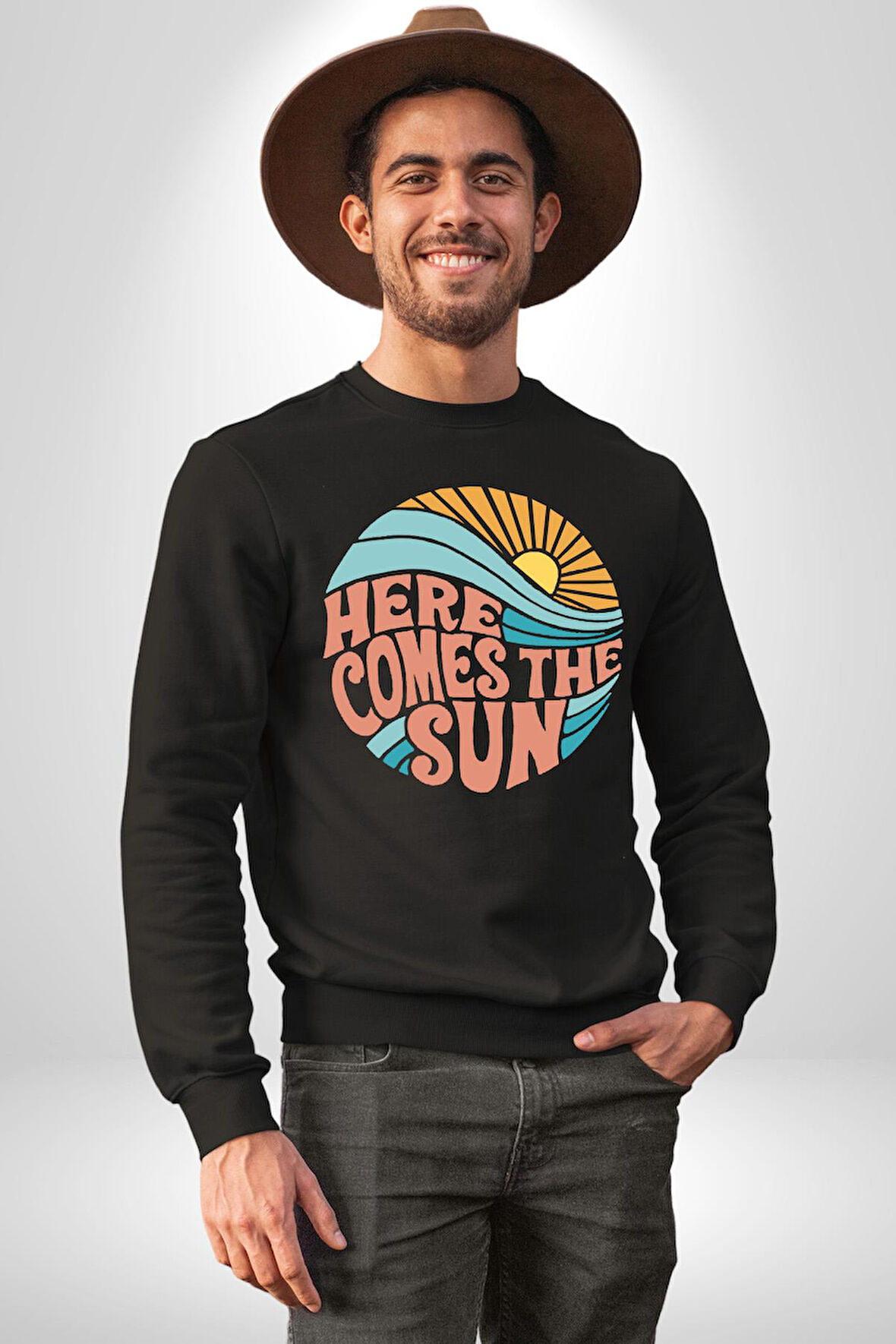 Yaz Tatili Güneş Geldi Tema Erkek Kadın Unisex Dijital Baskılı Siyah Sweatshirt
