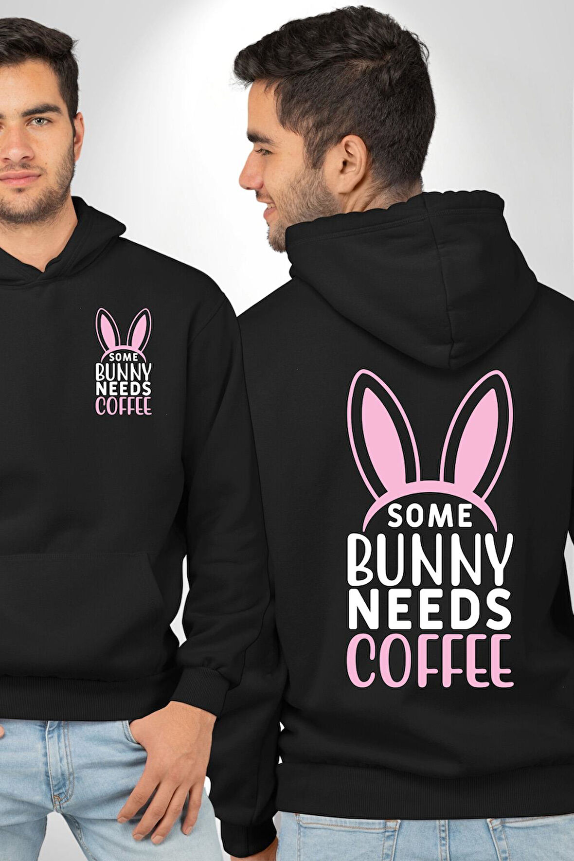Bazı Pembe Tavşanların Kahveye İhtiyacı Var  Erkek Kadın Siyah Ön Sırt Baskılı Kapüşonlu Sweatshirt Hoodie