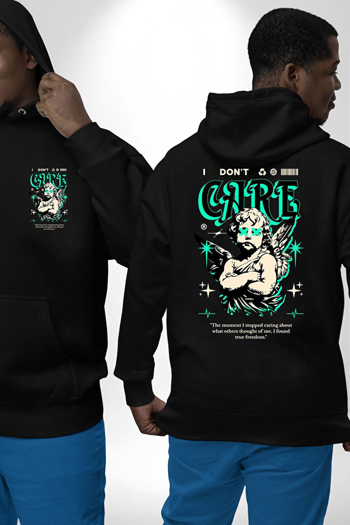 Aşk Tanrısı Gerçek Özgürlüğü Bulma  Erkek Kadın Siyah Ön Sırt Baskılı Kapüşonlu Sweatshirt Hoodie