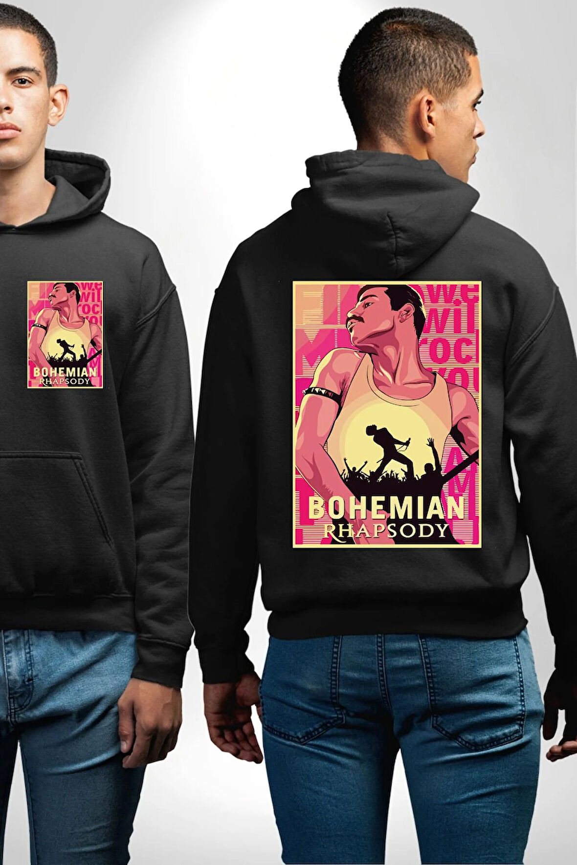 Bohamian Rhapsody Queen Freddie Erkek Kadın Siyah Ön Sırt Baskılı Kapüşonlu Sweatshirt Hoodie