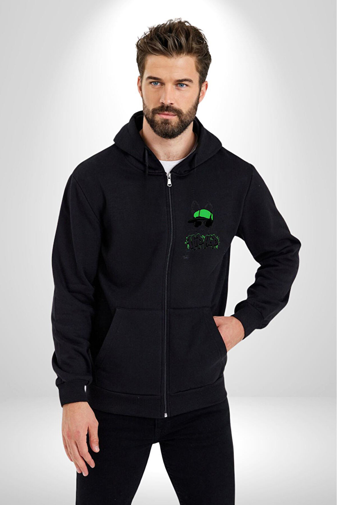 Paskalya Tavşanı Hip Hop Yeşil Şapka Erkek Kadın Siyah Fermuarlı Baskılı Hırka Sweatshirt