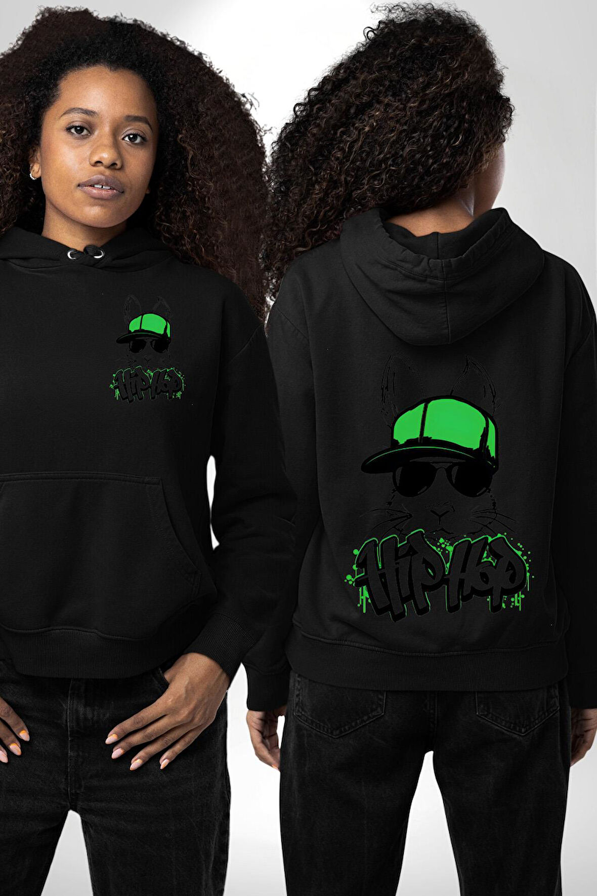 Paskalya Tavşanı Hip Hop Yeşil Şapka Erkek Kadın Siyah Ön Sırt Baskılı Kapüşonlu Sweatshirt Hoodie