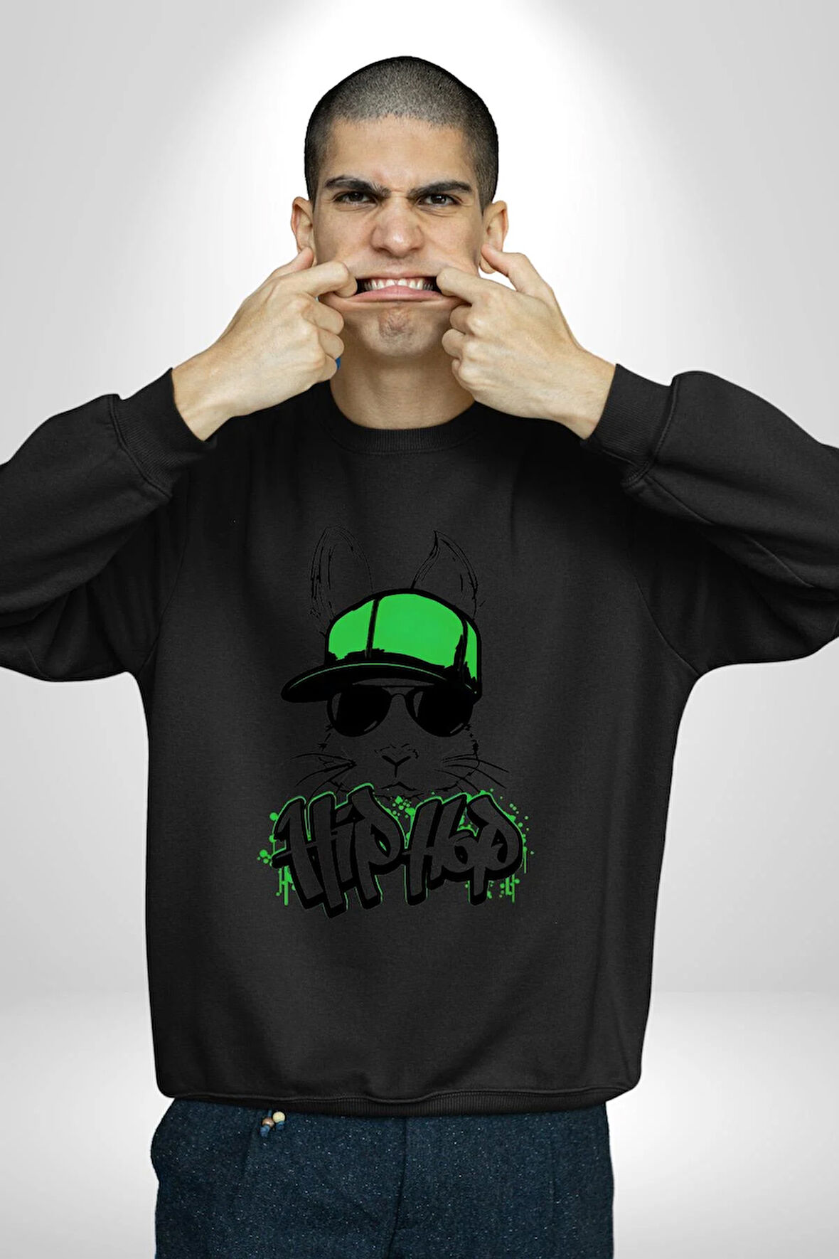 Paskalya Tavşanı Hip Hop Yeşil Şapka Erkek Kadın Unisex Dijital Baskılı Siyah Sweatshirt