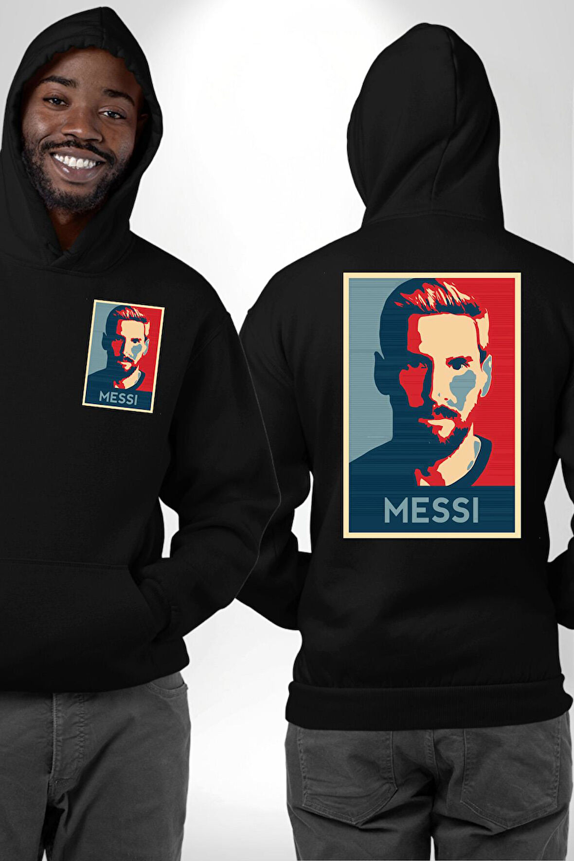 Messi Portre Dijital Sanat Baskısı Erkek Kadın Siyah Ön Sırt Baskılı Kapüşonlu Sweatshirt Hoodie