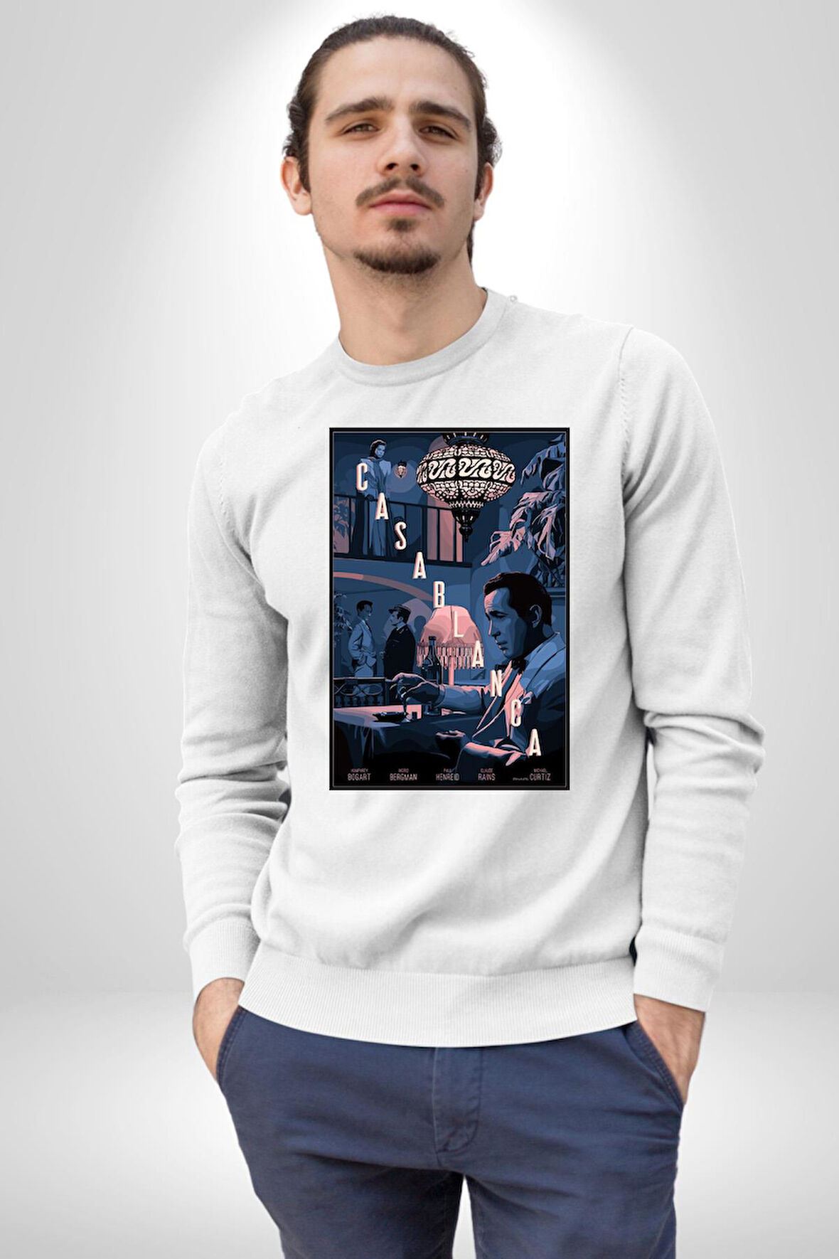 Kazablanka Klasik Film Afişi İngrid Bergman Erkek Kadın Unisex Dijital Baskılı Beyaz Sweatshirt