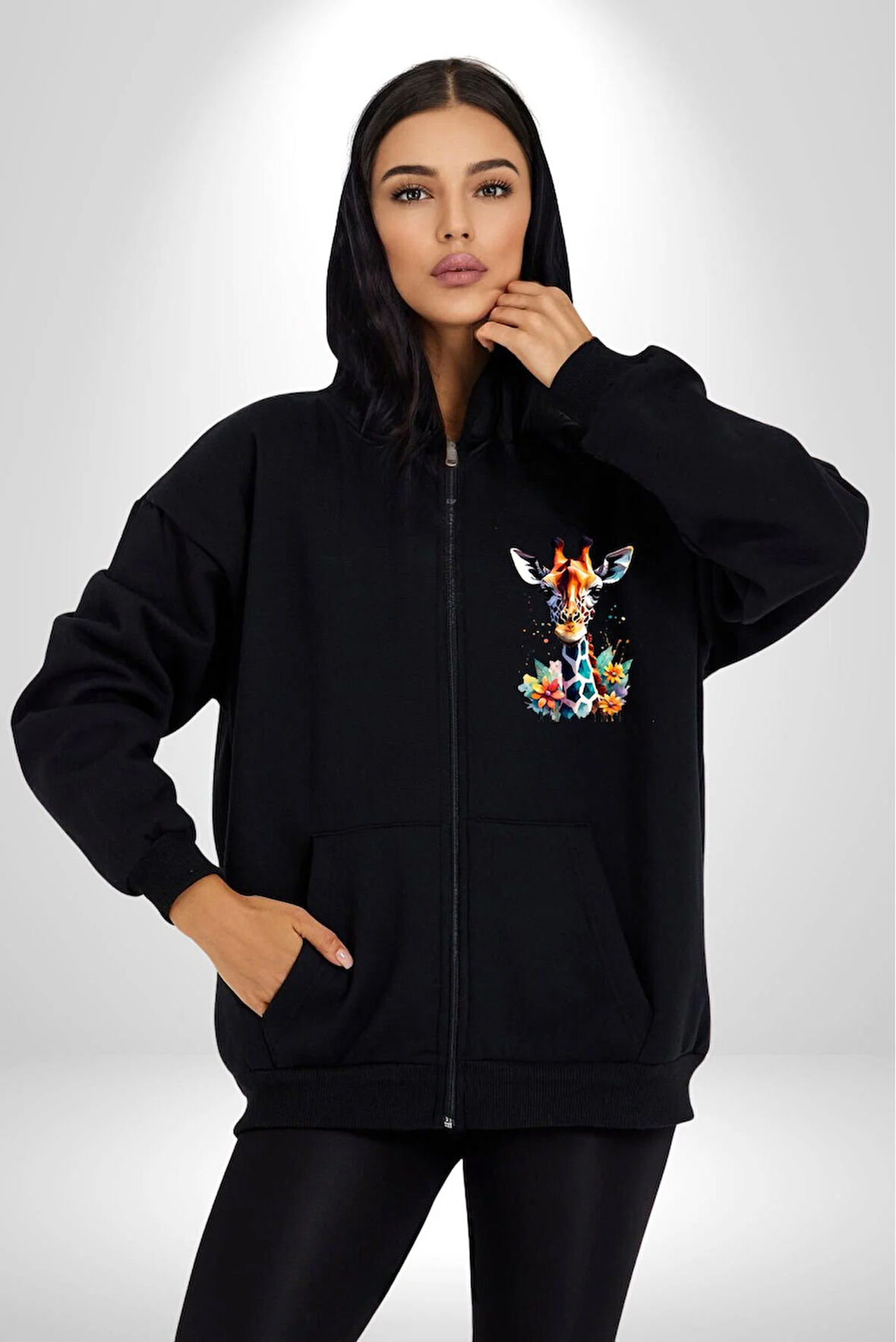 Yapay Zeka Sanat Zürafa Çiçekler Çizimi Erkek Kadın Siyah Fermuarlı Baskılı Hırka Sweatshirt