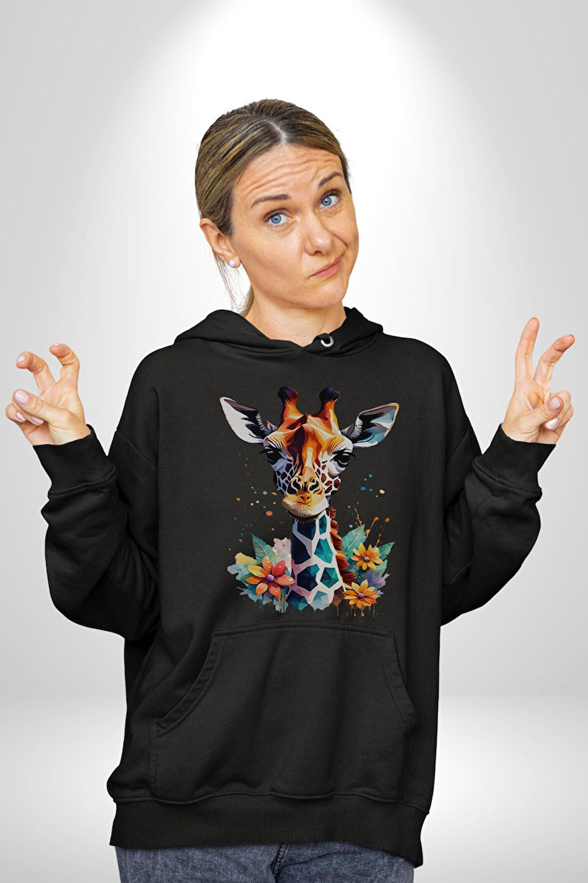 Yapay Zeka Sanat Zürafa Çiçekler Çizimi Erkek Kadın Siyah Dijital Baskılı Kapüşonlu Sweatshirt Hoodie