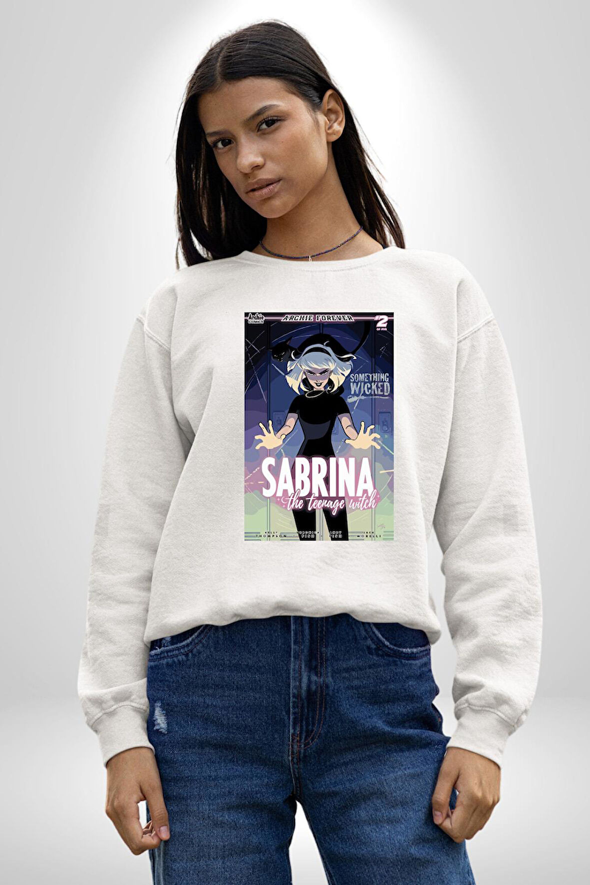 Sihirli Genç Cadı Sabrina Çizgi Film Erkek Kadın Unisex Dijital Baskılı Beyaz Sweatshirt