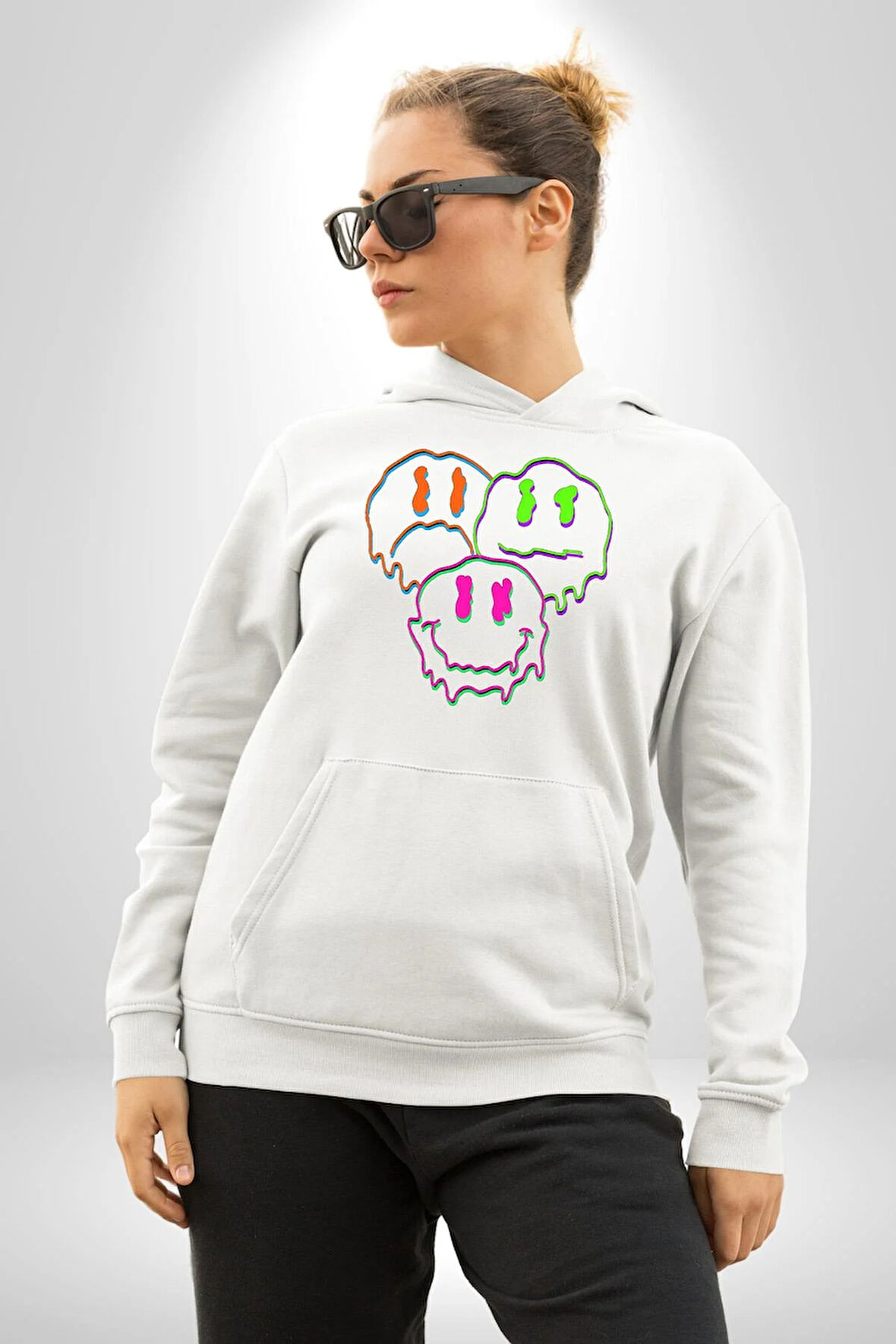 Neon Kafatası Gülen Somurtgan Eriyen Emoji Erkek Kadın Beyaz Dijital Baskılı Kapüşonlu Sweatshirt Hoodie