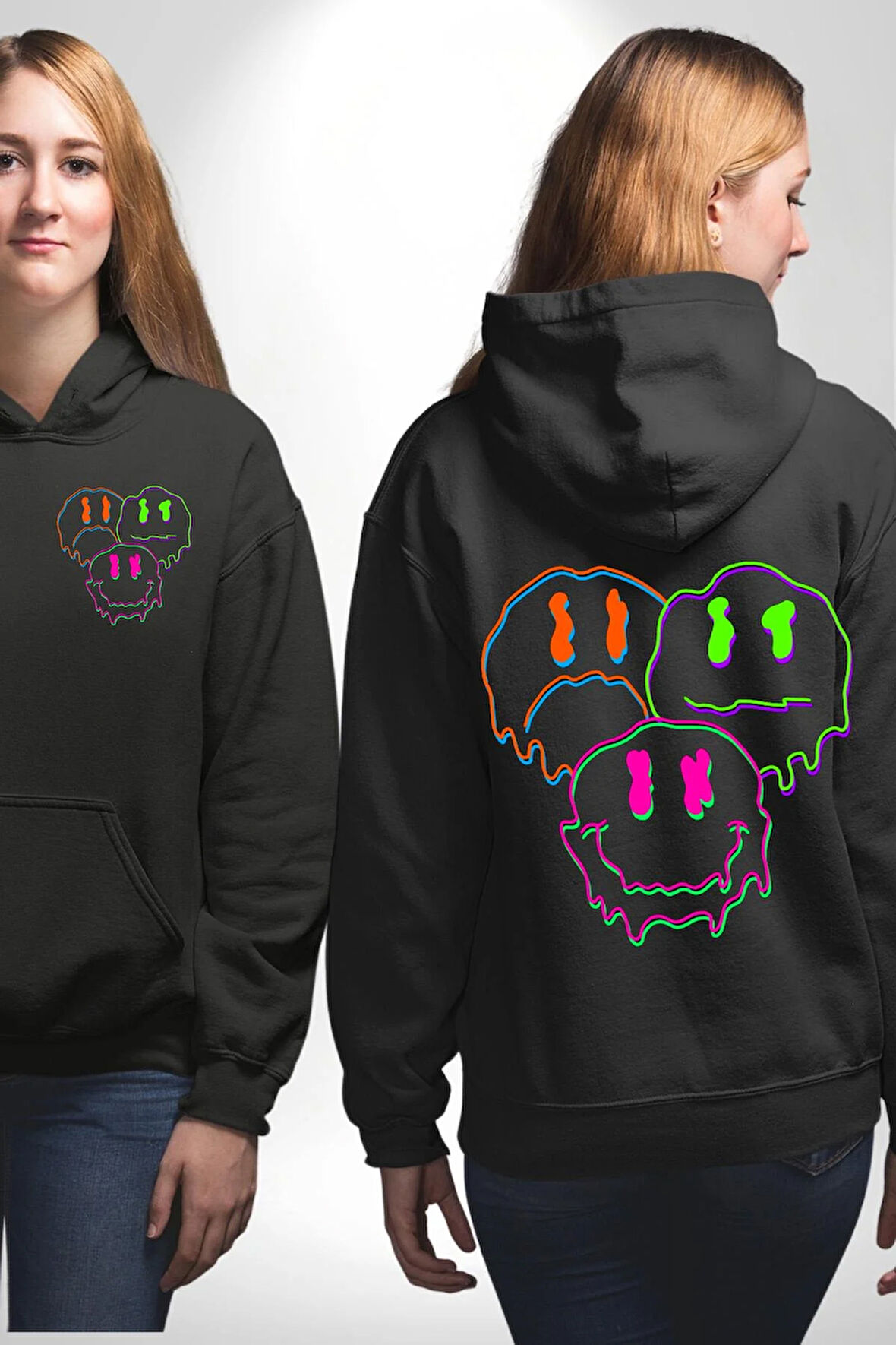 Neon Kafatası Gülen Somurtgan Eriyen Emoji Erkek Kadın Siyah Ön Sırt Baskılı Kapüşonlu Sweatshirt Hoodie
