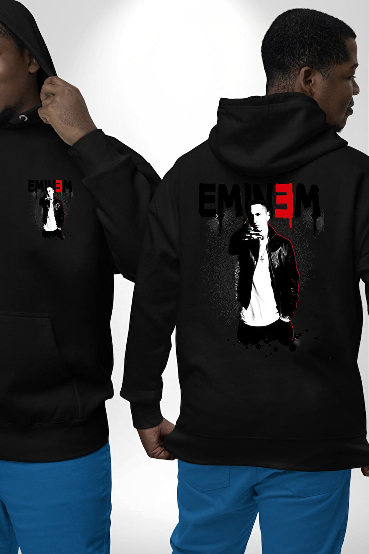 Eminem Rap Müzik Şarkıcı Erkek Kadın Siyah Ön Sırt Baskılı Kapüşonlu Sweatshirt Hoodie