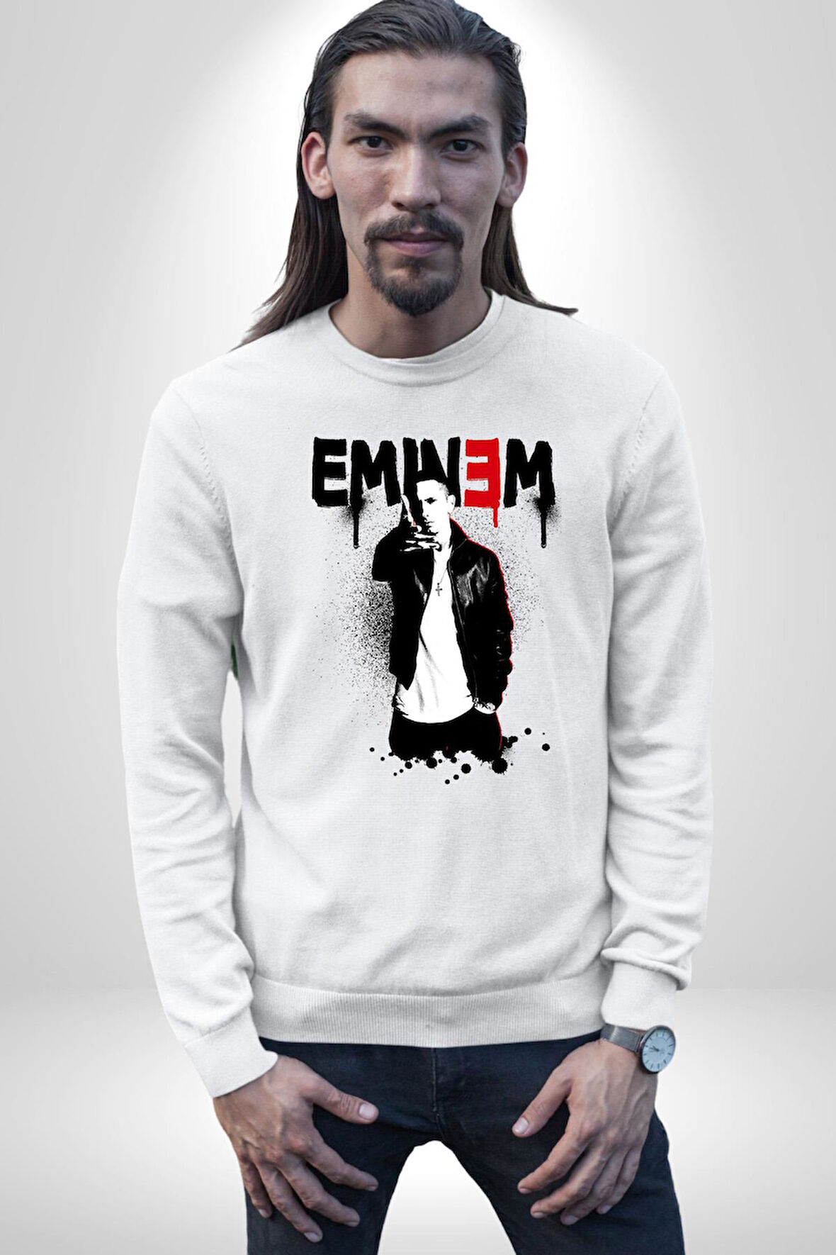 Eminem Rap Müzik Şarkıcı Erkek Kadın Unisex Dijital Baskılı Beyaz Sweatshirt