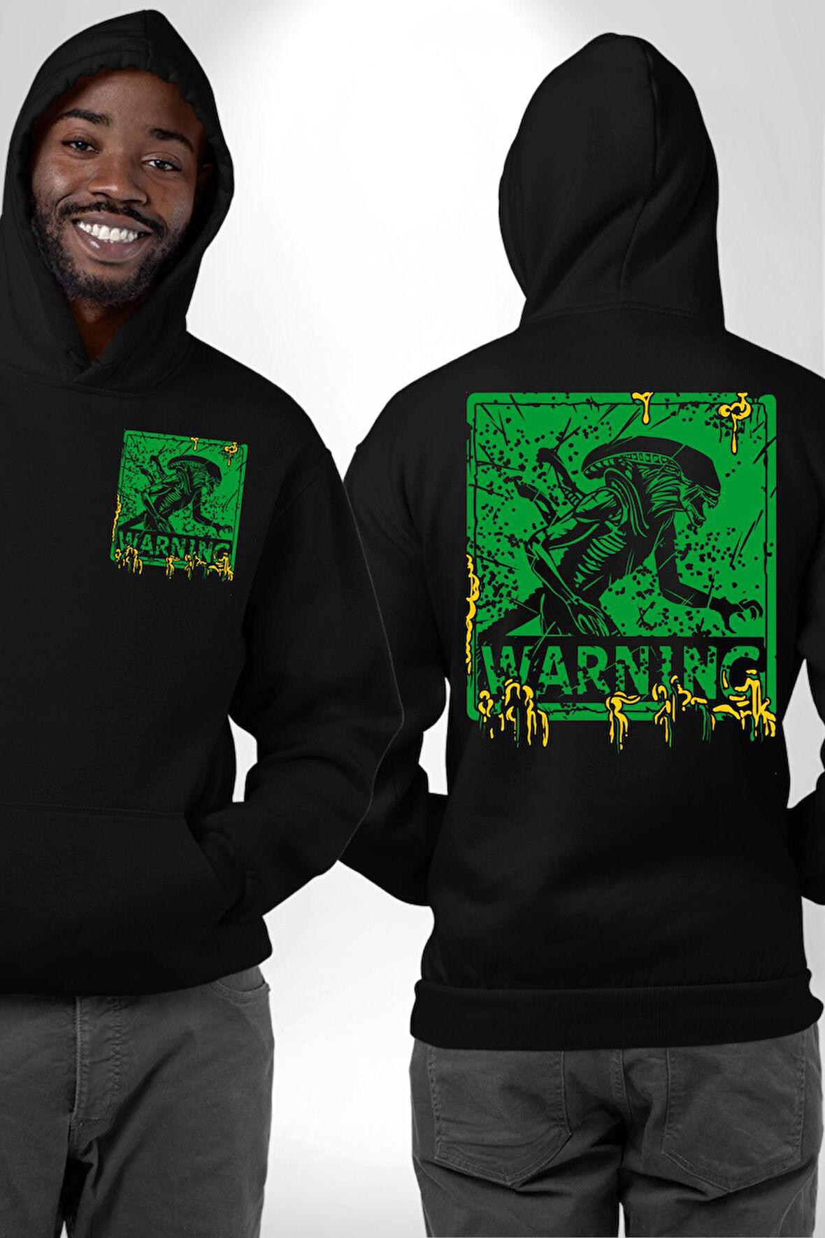 Alien Uzaylı Aranıyor  Erkek Kadın Siyah Ön Sırt Baskılı Kapüşonlu Sweatshirt Hoodie