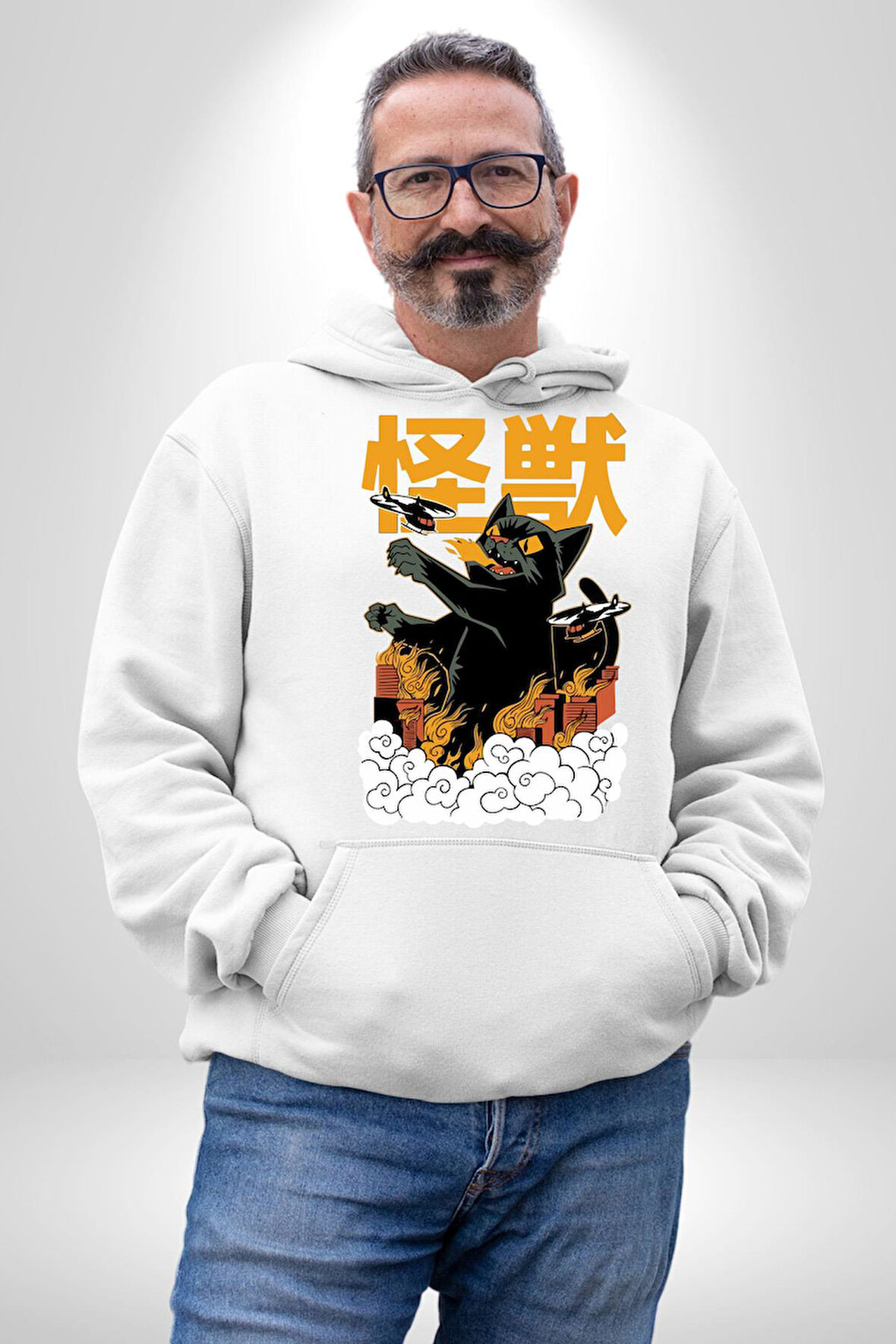 Kaiju Anime Kedi Canavarı Film Kore Style Erkek Kadın Beyaz Dijital Baskılı Kapüşonlu Sweatshirt Hoodie