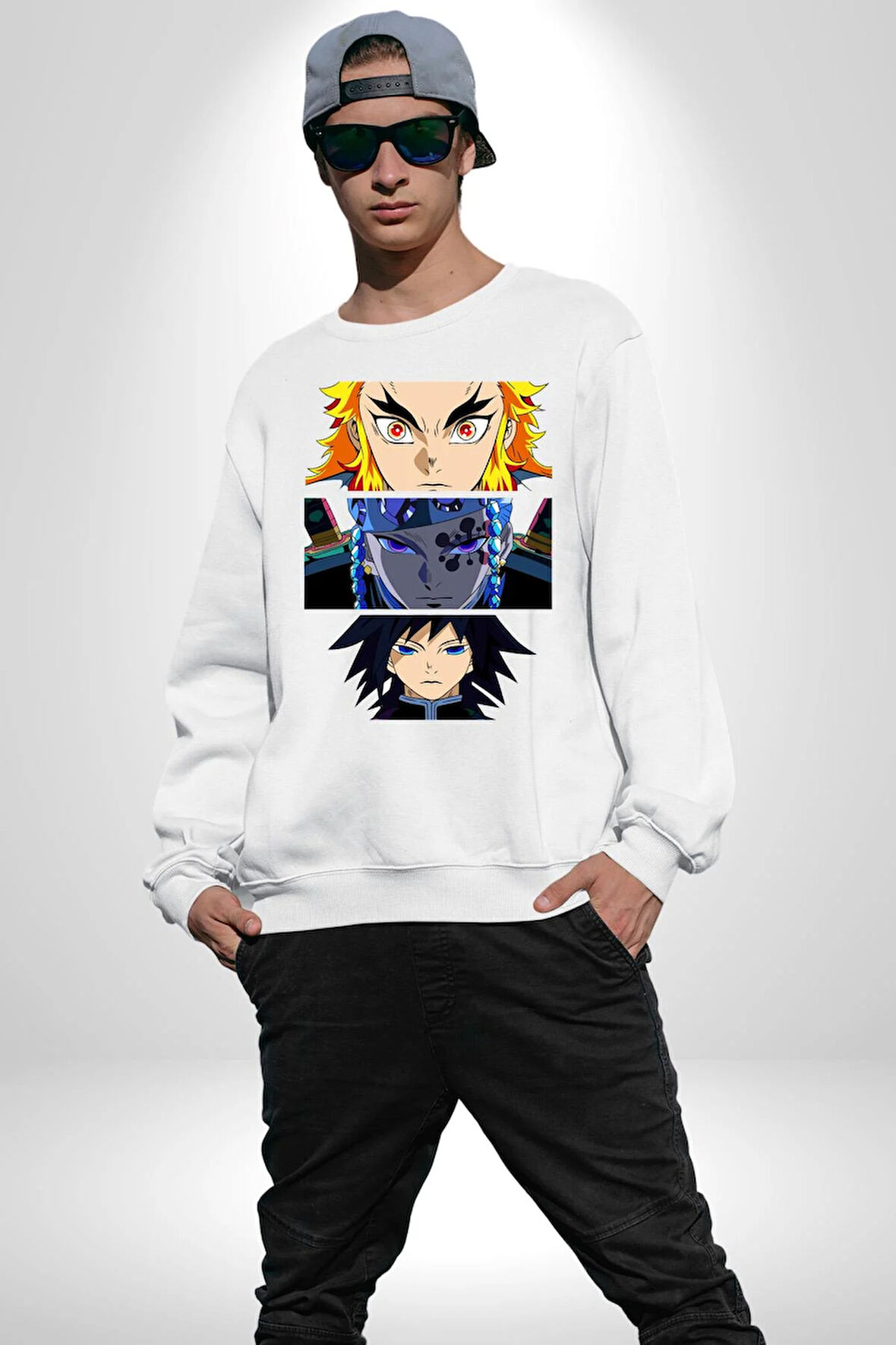 Demon Slayer  İblis Keser Manga Kahramanları Erkek Kadın Unisex Dijital Baskılı Beyaz Sweatshirt