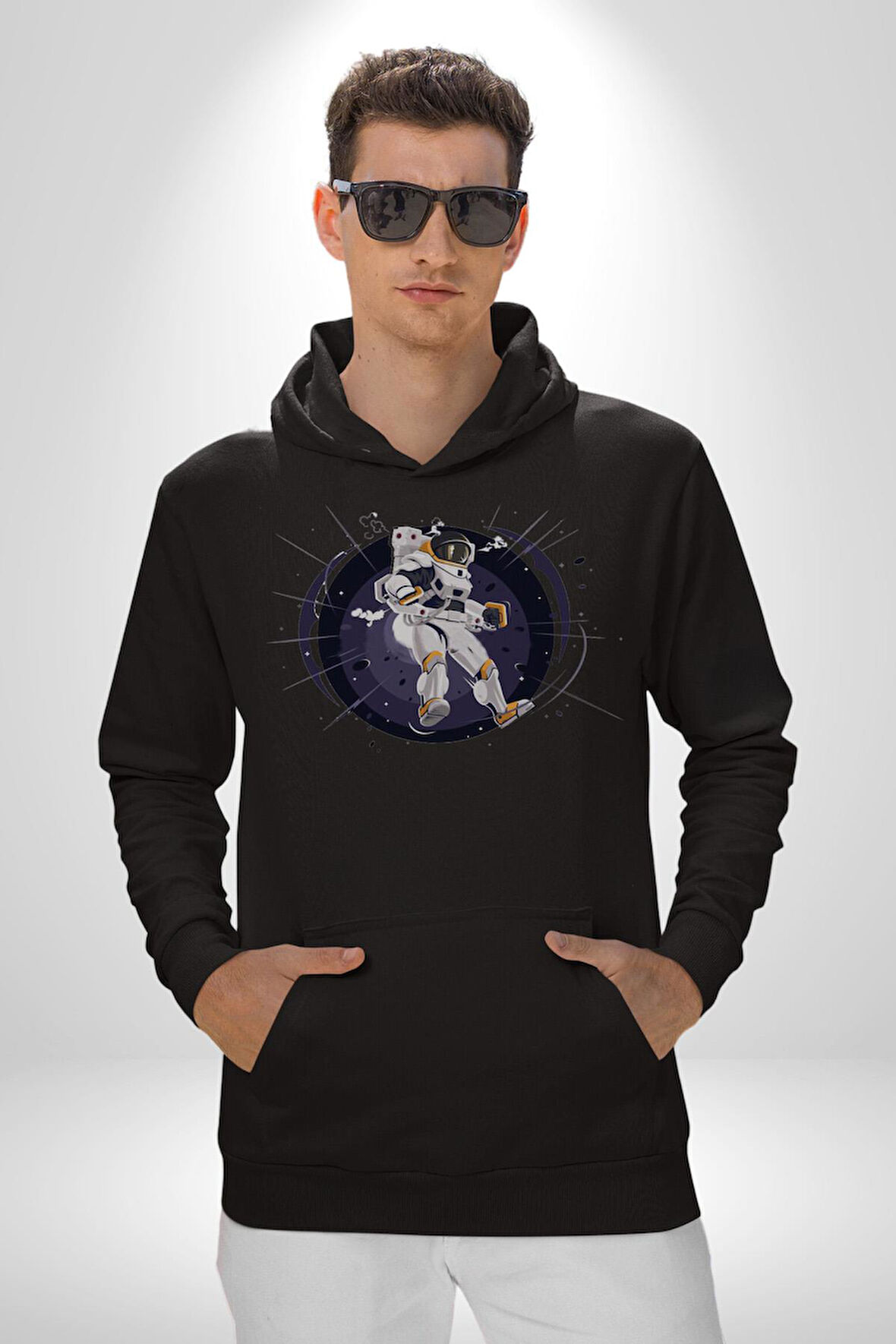 Nasa Astronaut Uzay Zıplaması Erkek Kadın Siyah Dijital Baskılı Kapüşonlu Sweatshirt Hoodie