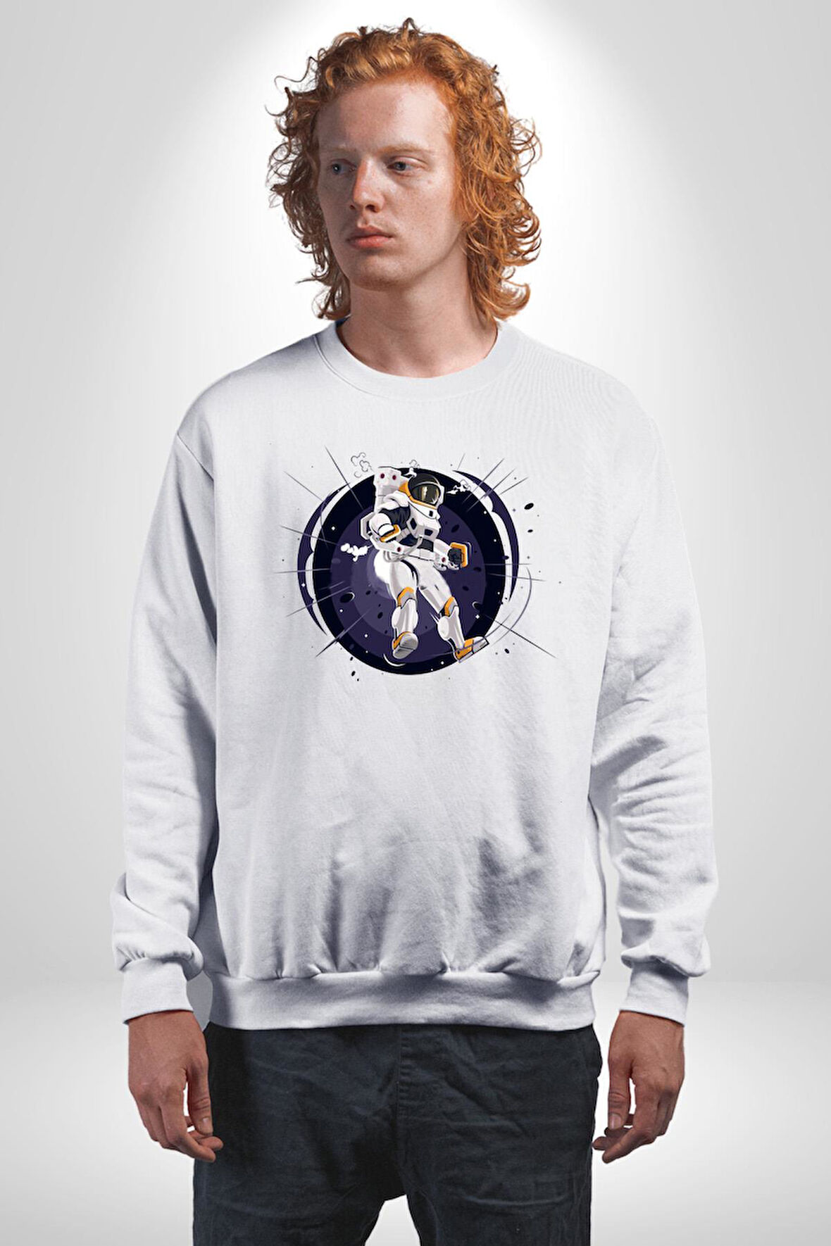 Nasa Astronaut Uzay Zıplaması Erkek Kadın Unisex Dijital Baskılı Beyaz Sweatshirt