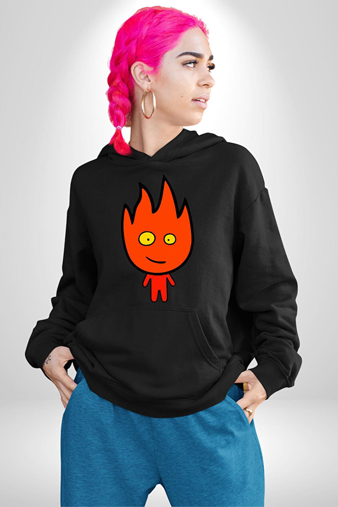 Fireboy Oyun Karekteri Erkek Kadın Siyah Dijital Baskılı Kapüşonlu Sweatshirt Hoodie