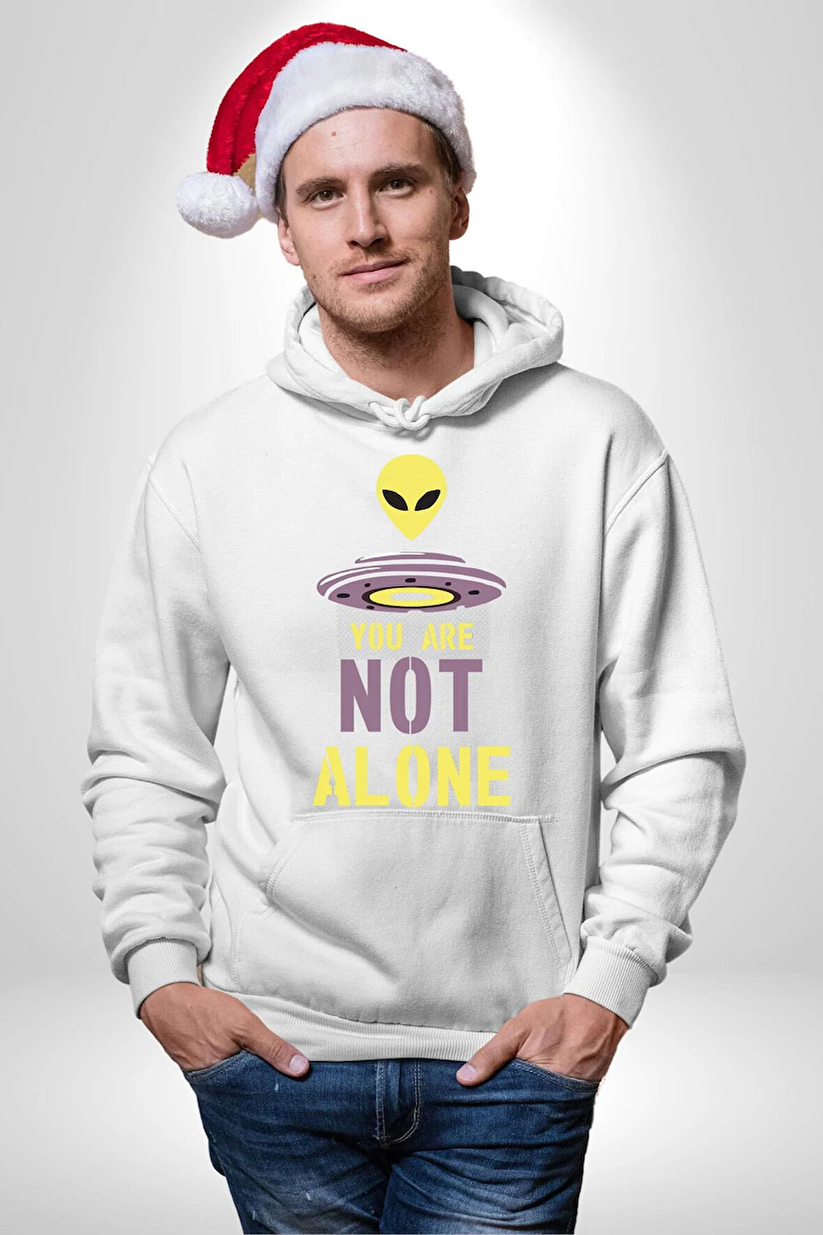 Uzaylı Yalnız Değiliz Ufo Erkek Kadın Beyaz Dijital Baskılı Kapüşonlu Sweatshirt Hoodie
