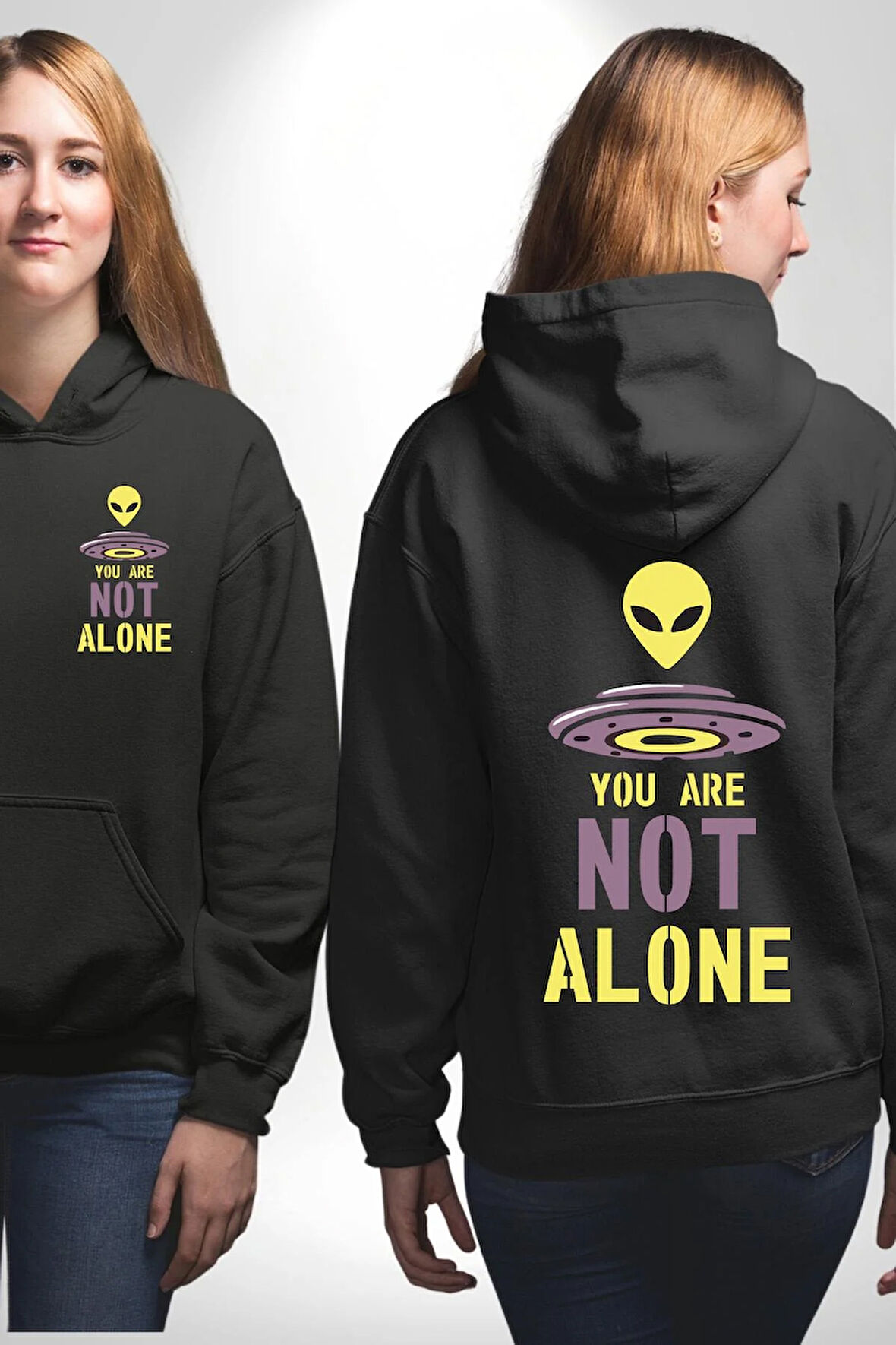 Uzaylı Yalnız Değiliz Ufo Erkek Kadın Siyah Ön Sırt Baskılı Kapüşonlu Sweatshirt Hoodie