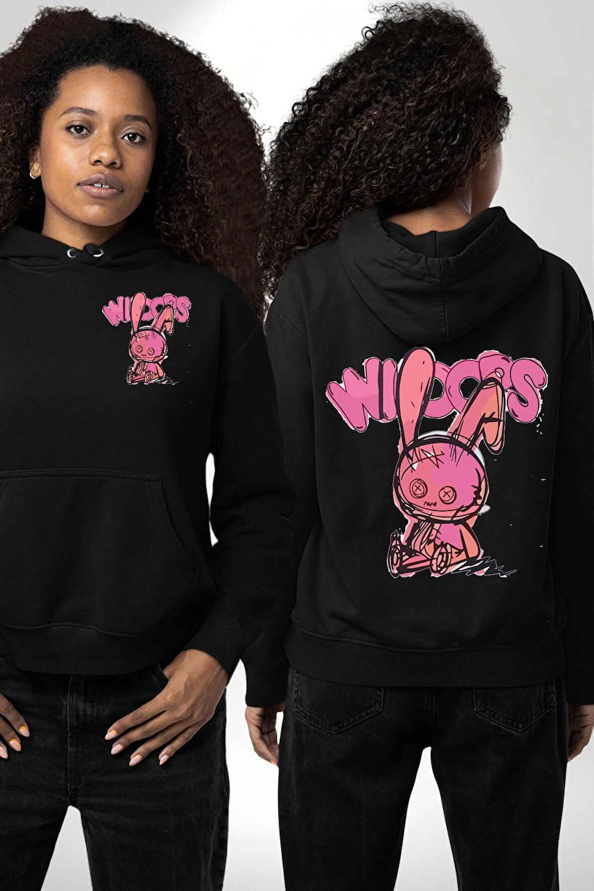 Öfkeli Voodoo Tavşan XOX Erkek Kadın Siyah Ön Sırt Baskılı Kapüşonlu Sweatshirt Hoodie