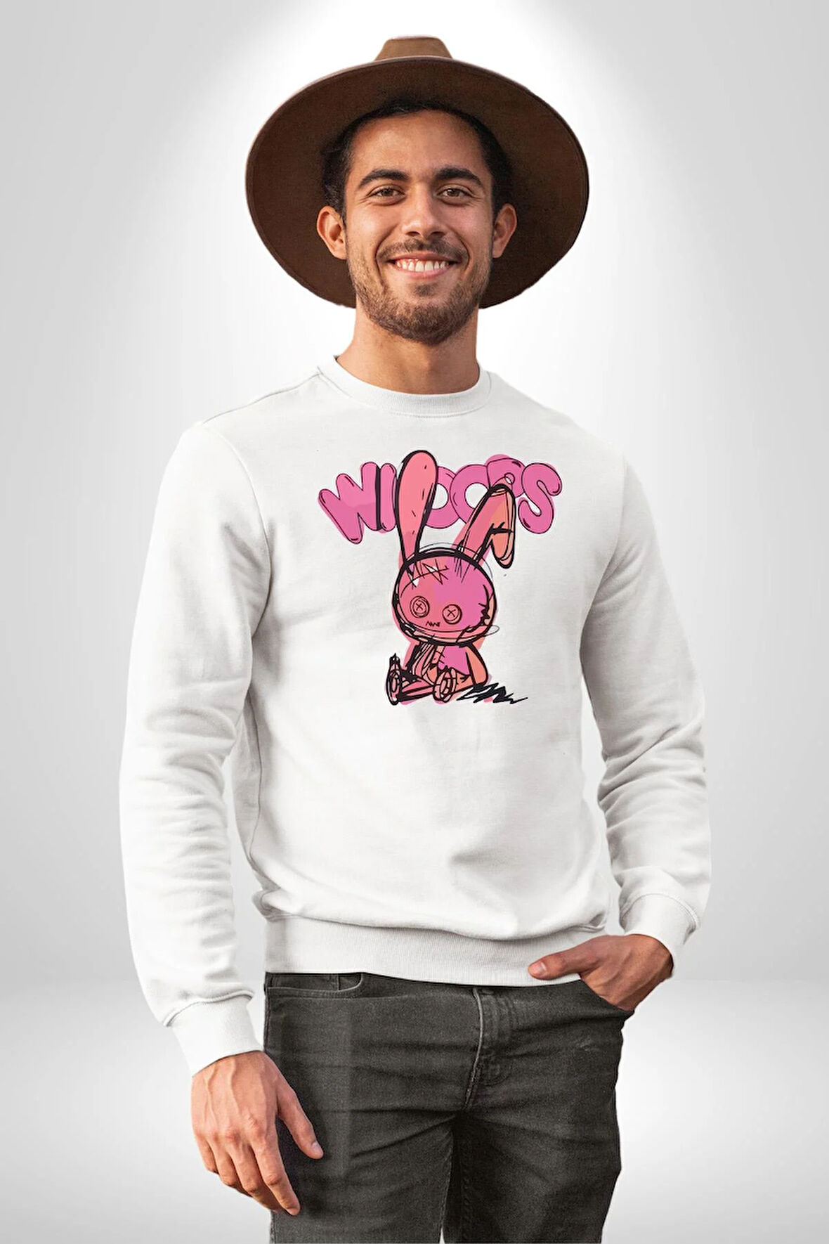Öfkeli Voodoo Tavşan XOX Erkek Kadın Unisex Dijital Baskılı Beyaz Sweatshirt
