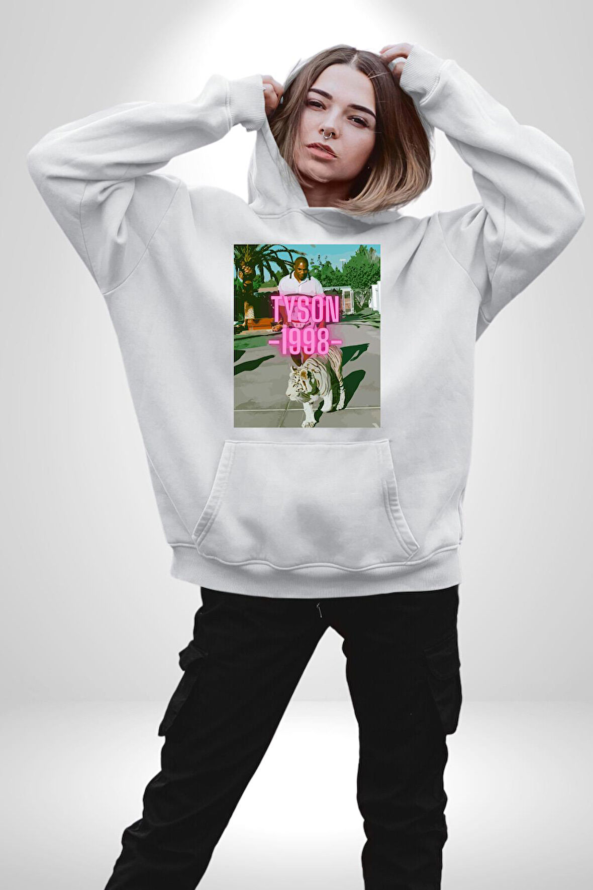 Mike Tyson ve Onun Bengai Kaplanı Yol Yürüyüş Erkek Kadın Beyaz Dijital Baskılı Kapüşonlu Sweatshirt Hoodie