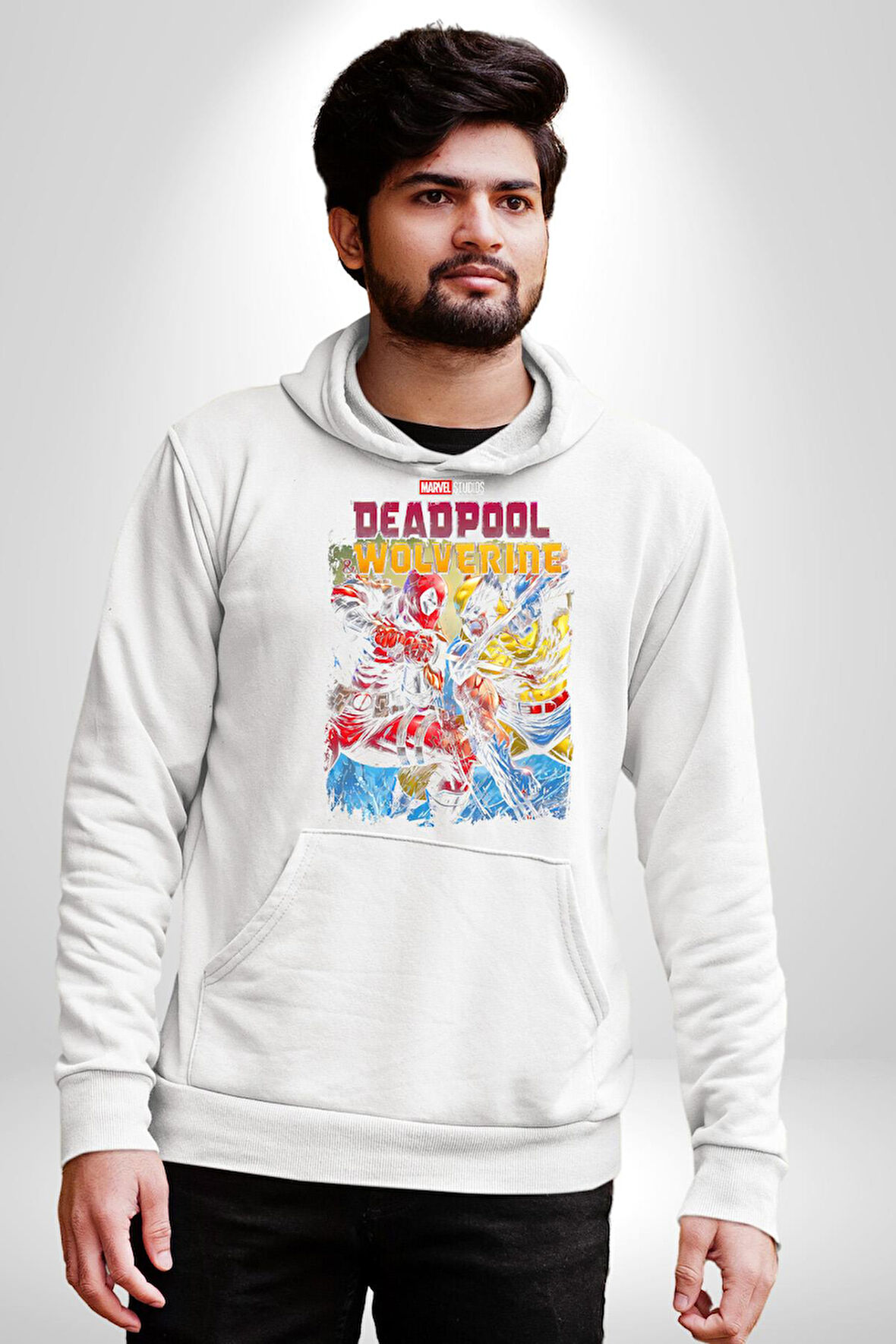 Deadpool Wolverine Film Kahraman Erkek Kadın Beyaz Dijital Baskılı Kapüşonlu Sweatshirt Hoodie