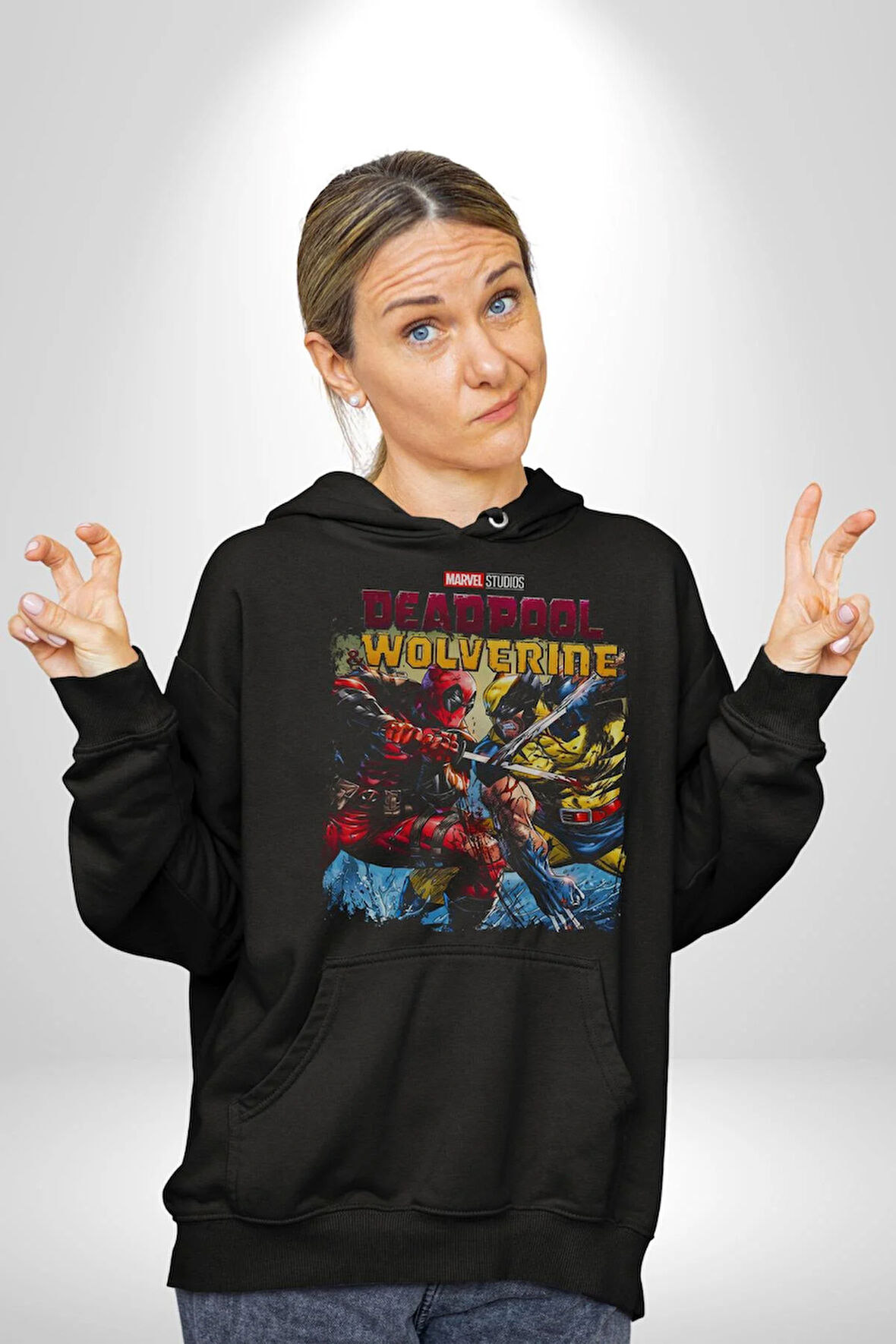 Deadpool Wolverine Film Kahraman Erkek Kadın Siyah Dijital Baskılı Kapüşonlu Sweatshirt Hoodie