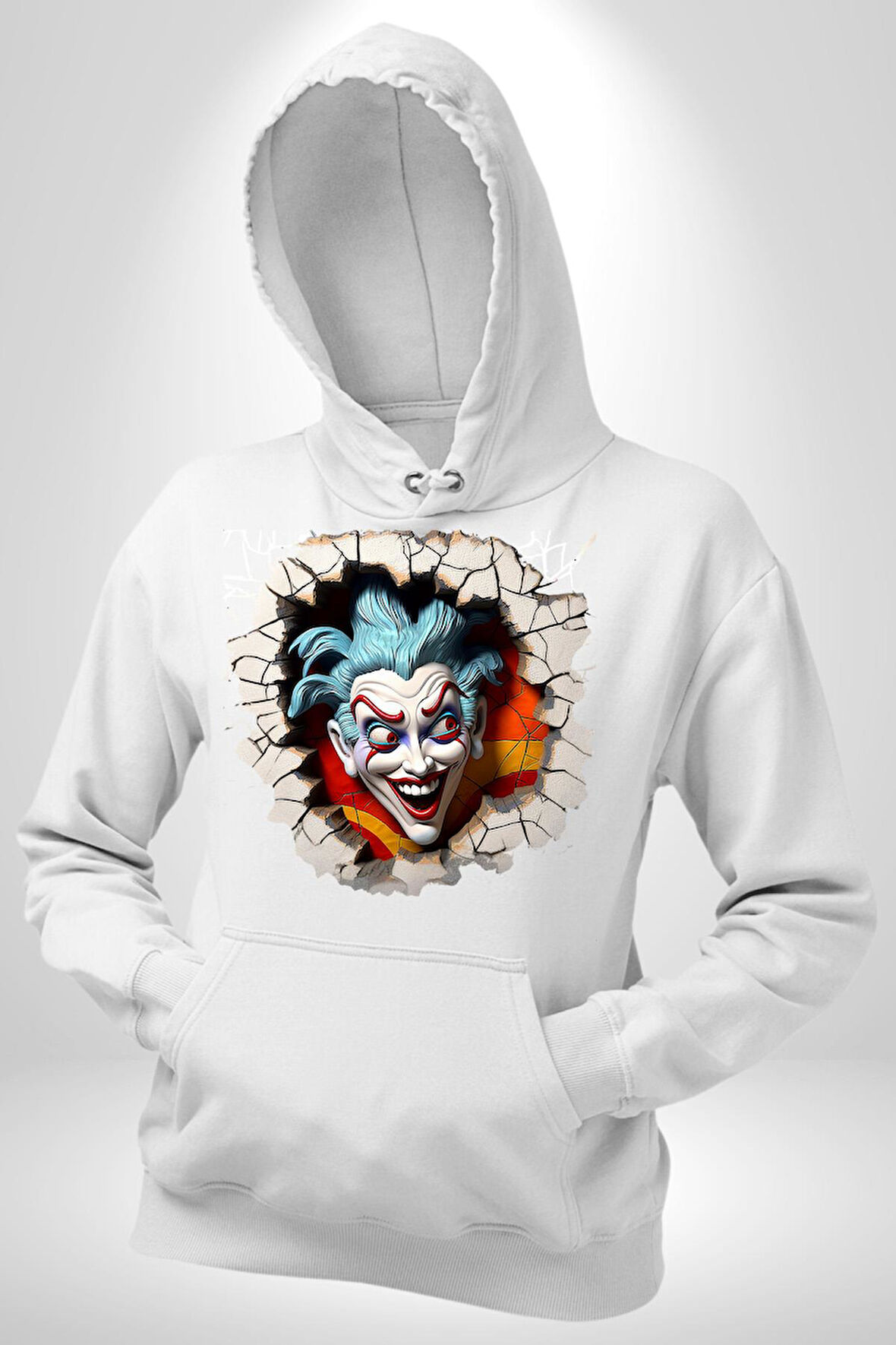 Joker Duvardan Çıkan Sürpriz 3D Erkek Kadın Beyaz Dijital Baskılı Kapüşonlu Sweatshirt Hoodie