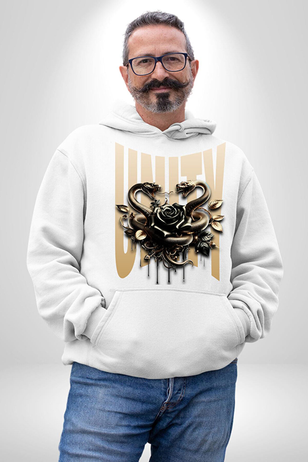 Yapay Zeka Gül Yılan Altın Siyah Gül 3D Erkek Kadın Beyaz Dijital Baskılı Kapüşonlu Sweatshirt Hoodie
