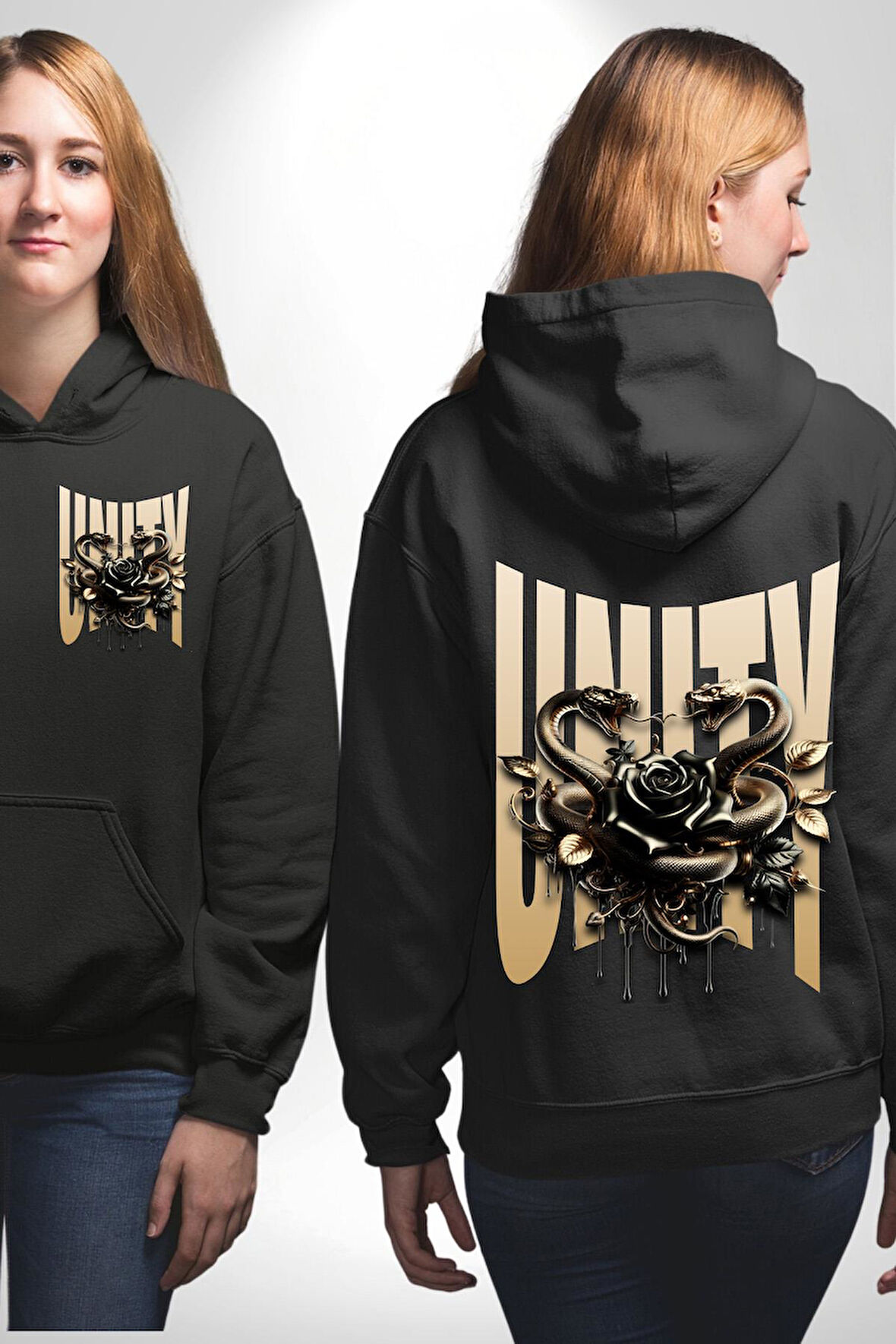 Yapay Zeka Gül Yılan Altın Siyah Gül 3D Erkek Kadın Siyah Ön Sırt Baskılı Kapüşonlu Sweatshirt Hoodie