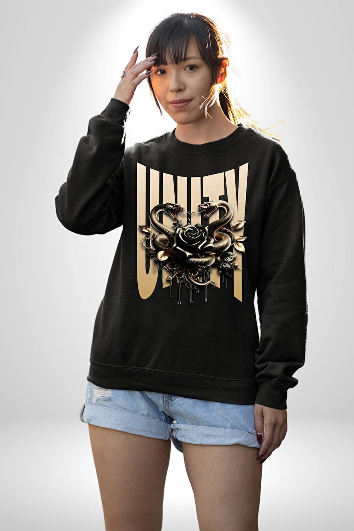 Yapay Zeka Gül Yılan Altın Siyah Gül 3D Erkek Kadın Unisex Dijital Baskılı Siyah Sweatshirt