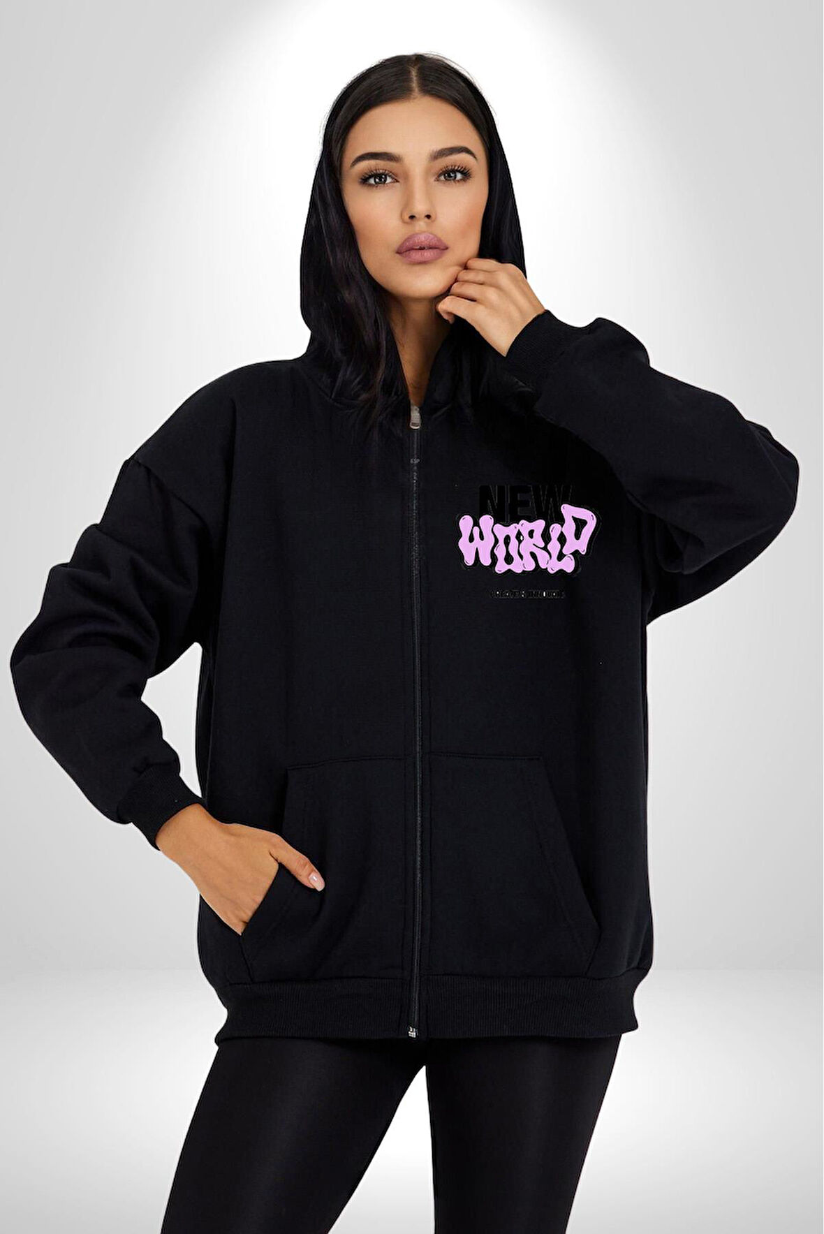 Sokak Style Yeni Dünya Yaratın Yenilik Yapın Erkek Kadın Siyah Fermuarlı Baskılı Hırka Sweatshirt
