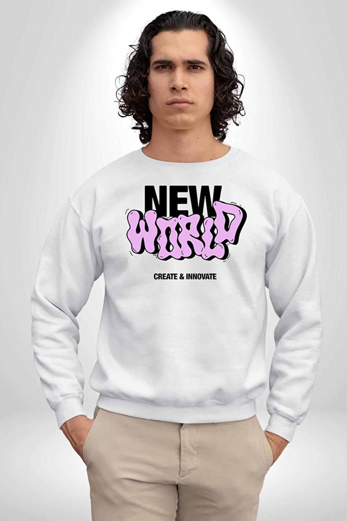 Sokak Style Yeni Dünya Yaratın Yenilik Yapın Erkek Kadın Unisex Dijital Baskılı Beyaz Sweatshirt