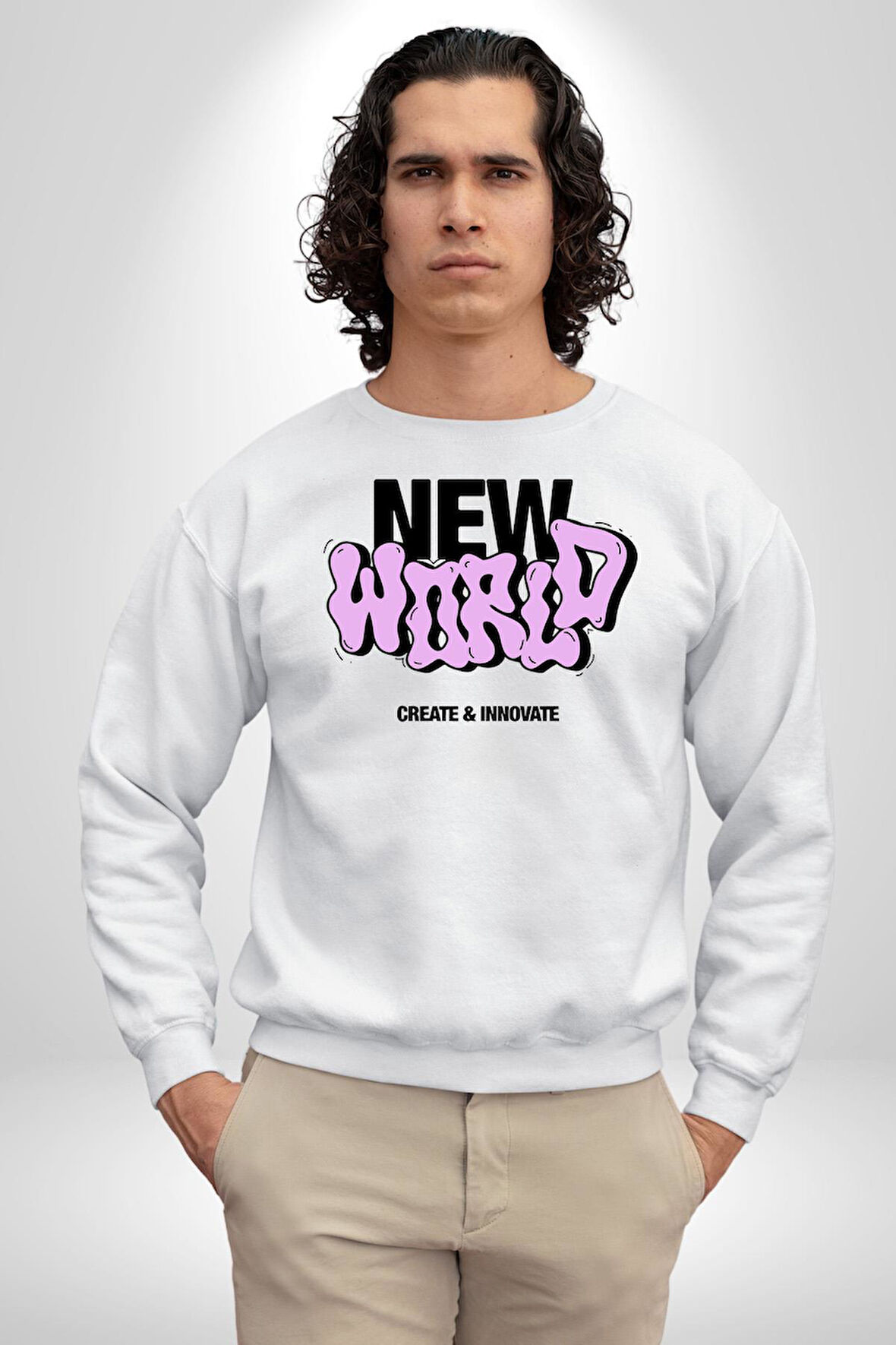 Sokak Style Yeni Dünya Yaratın Yenilik Yapın Erkek Kadın Unisex Dijital Baskılı Beyaz Sweatshirt
