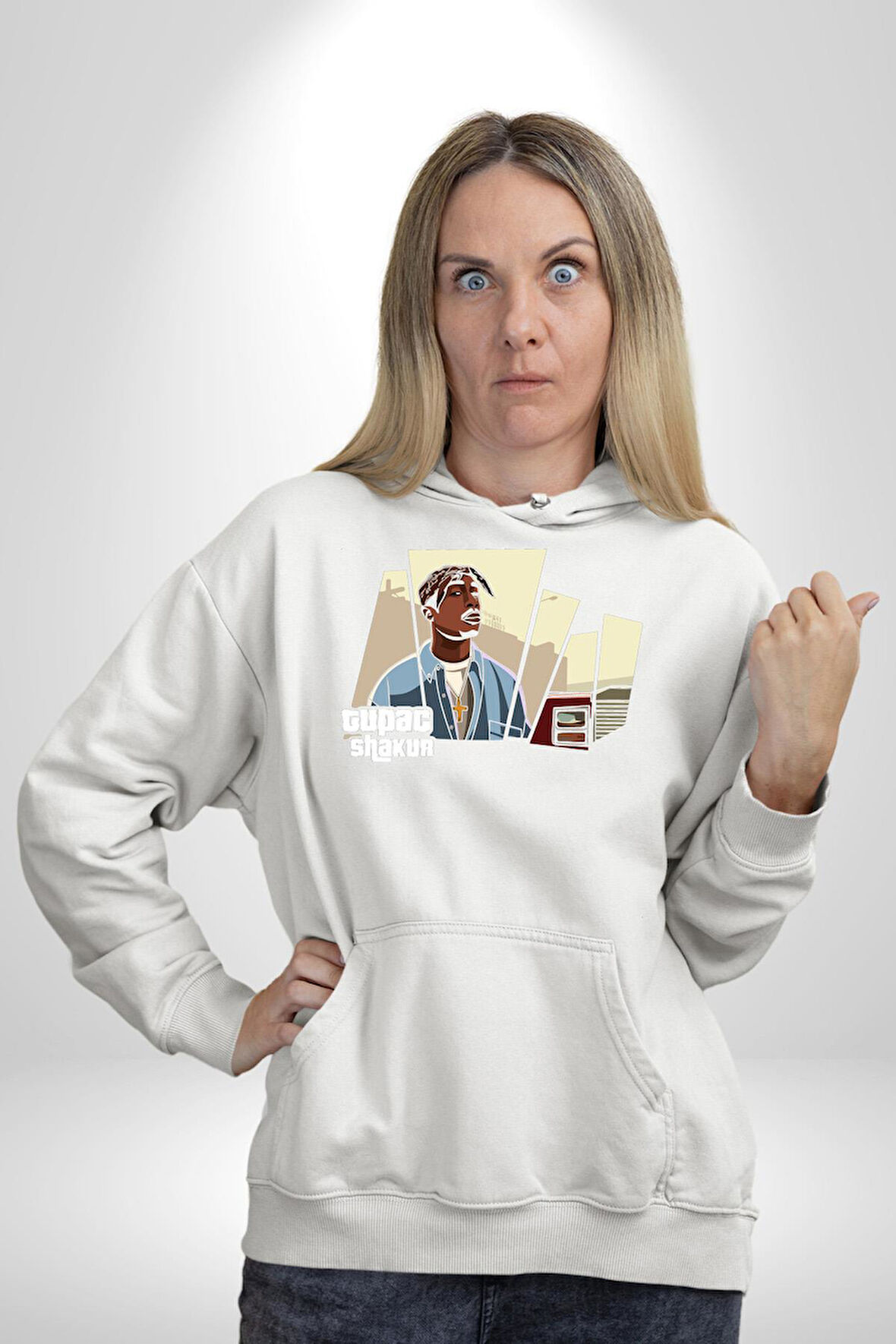 Tupac GTA Style Oyun  Erkek Kadın Beyaz Dijital Baskılı Kapüşonlu Sweatshirt Hoodie