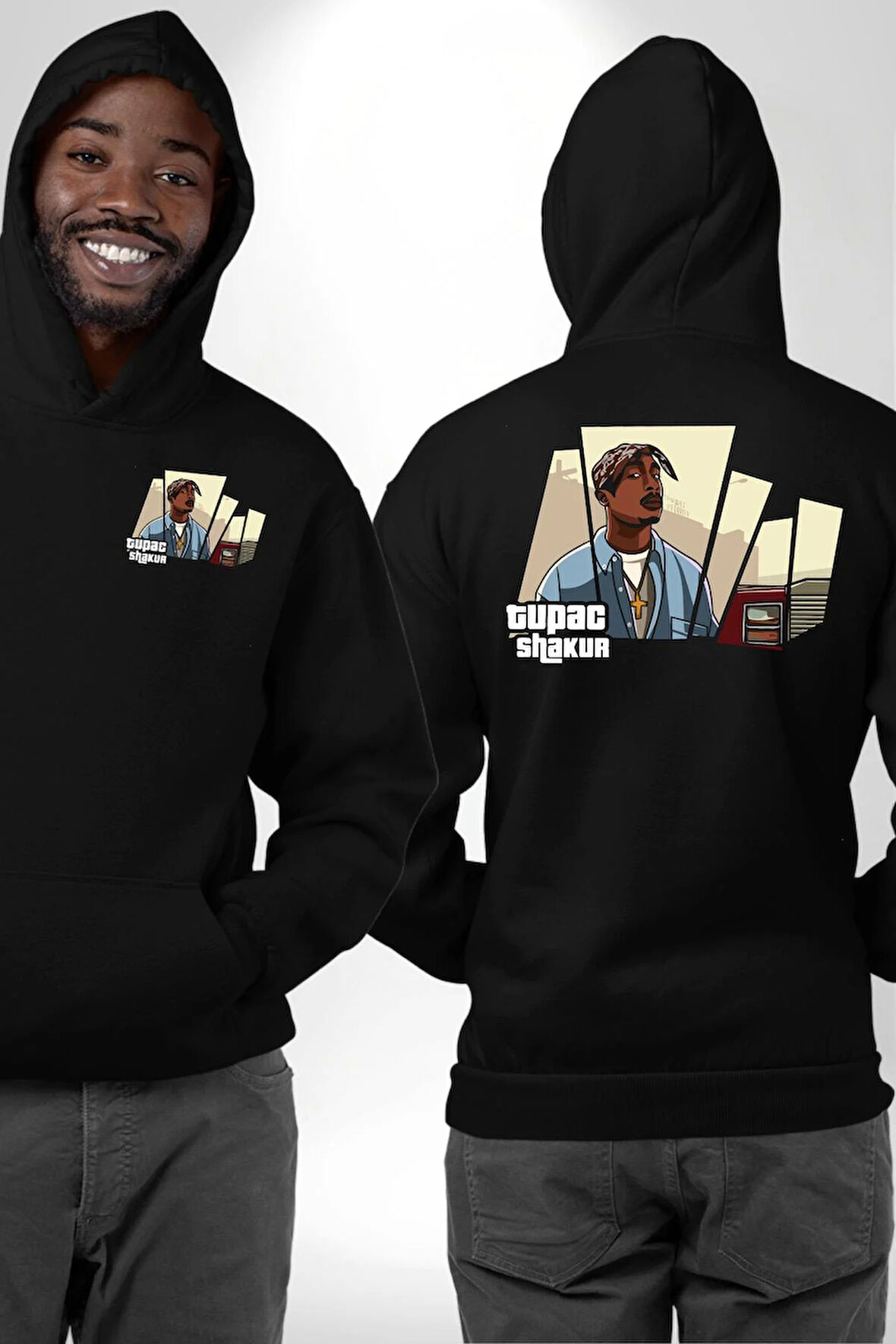 Tupac GTA Style Oyun  Erkek Kadın Siyah Ön Sırt Baskılı Kapüşonlu Sweatshirt Hoodie