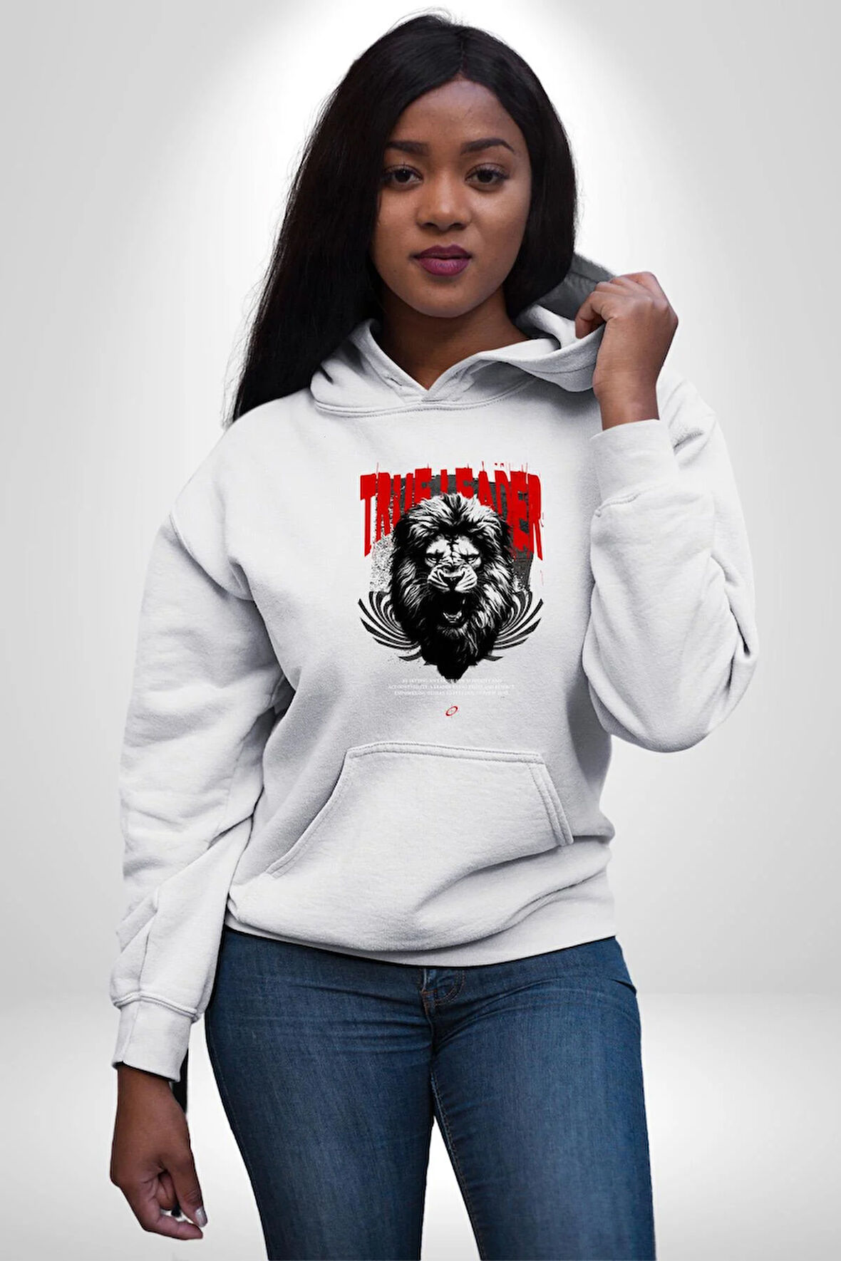 Gerçek Lider Tehlikeli Aslan Kafası Erkek Kadın Beyaz Dijital Baskılı Kapüşonlu Sweatshirt Hoodie
