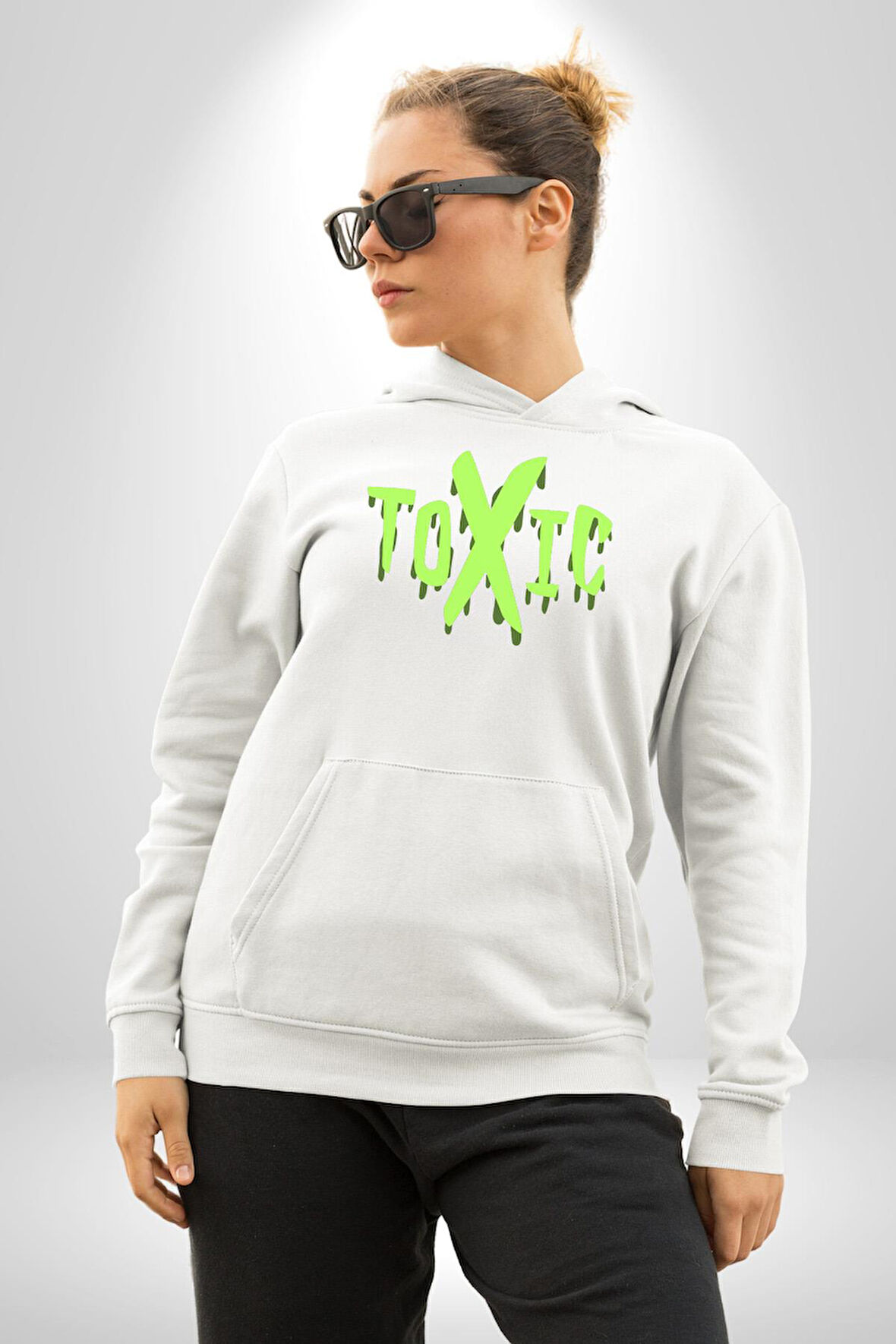 Sokak Sitili Atık Toxic  Erkek Kadın Beyaz Dijital Baskılı Kapüşonlu Sweatshirt Hoodie