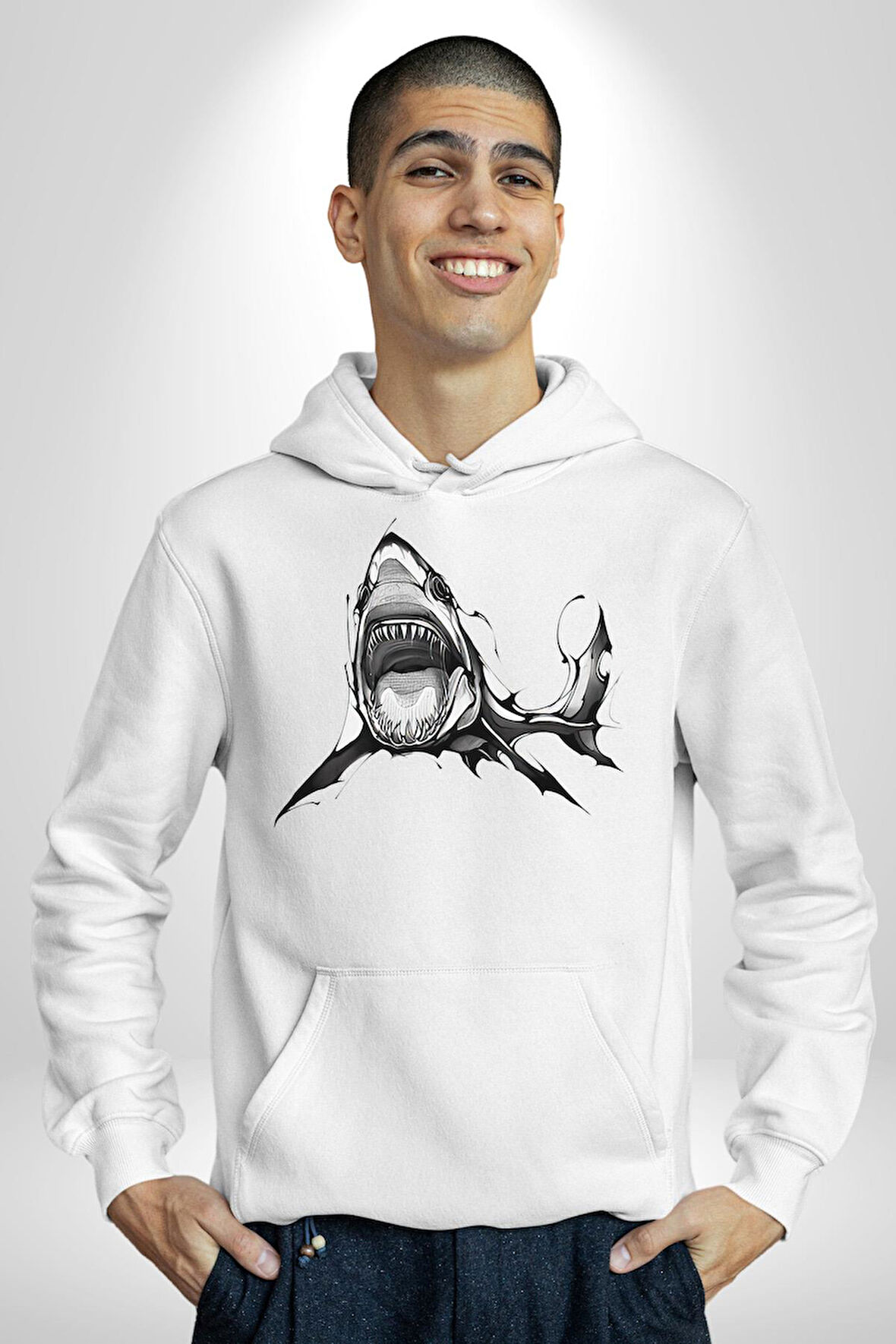 Dövme Shark Okyanus Köpekbalığı Erkek Kadın Beyaz Dijital Baskılı Kapüşonlu Sweatshirt Hoodie