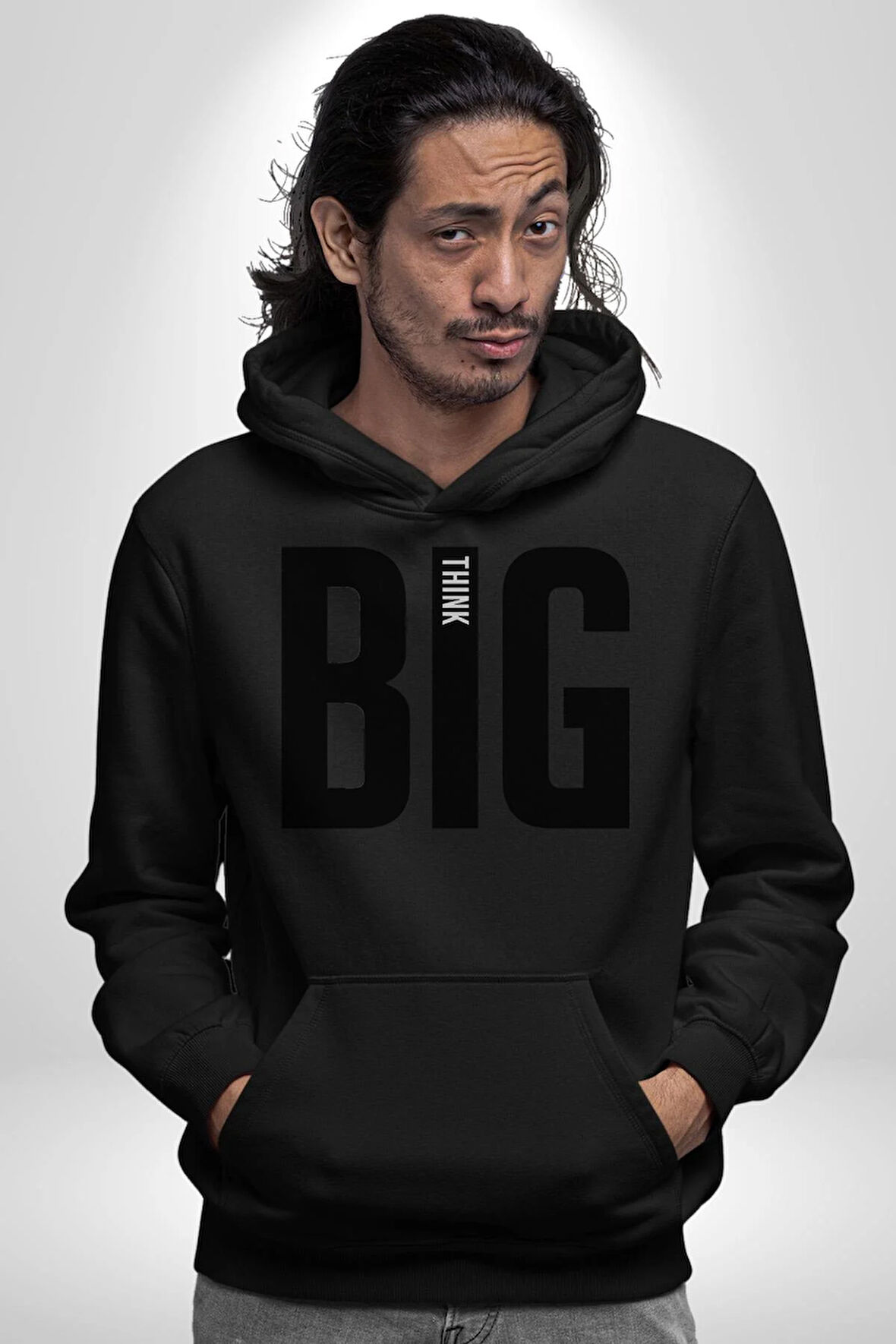 Sokak Sitili Büyük Düşün Erkek Kadın Siyah Dijital Baskılı Kapüşonlu Sweatshirt Hoodie