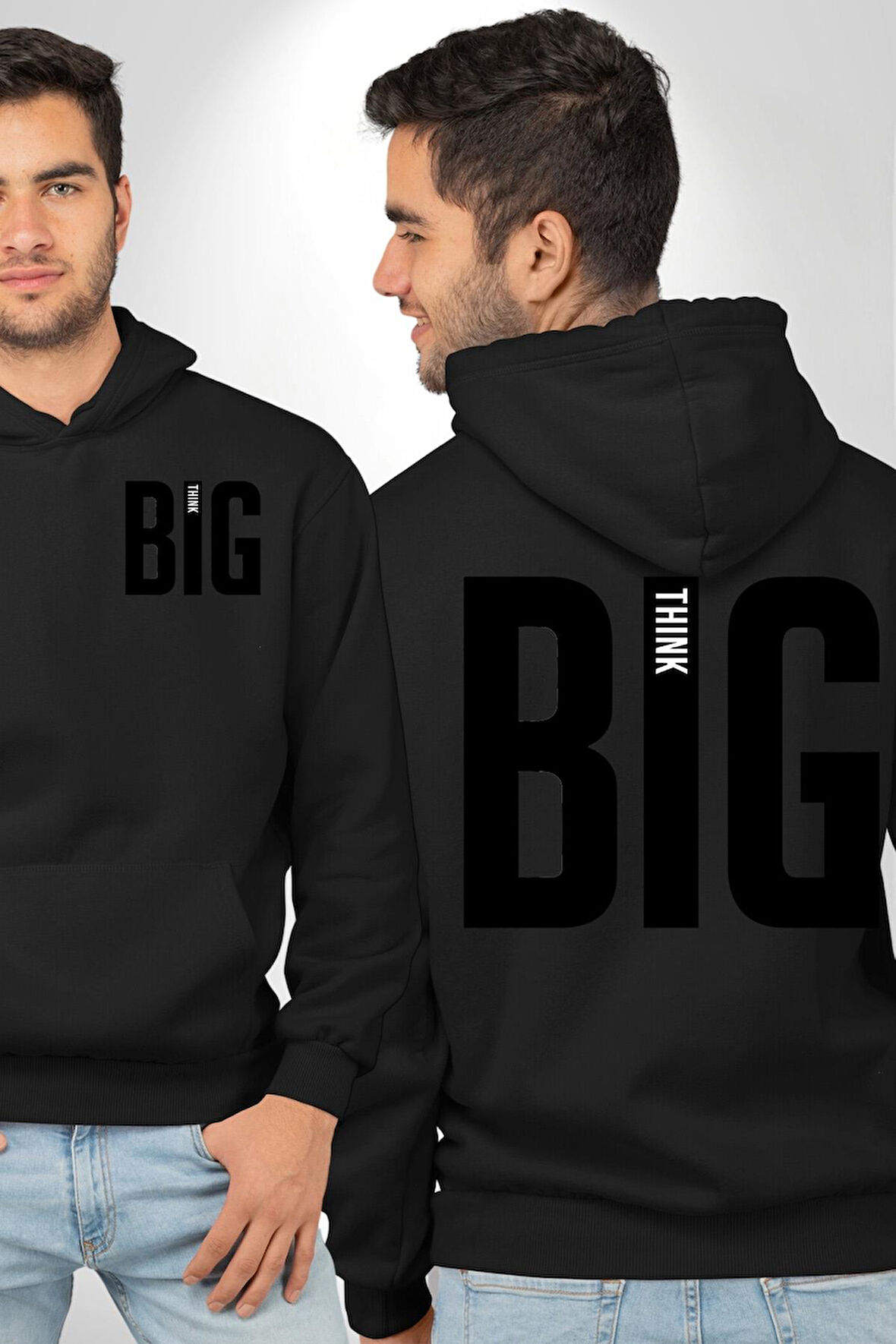 Sokak Sitili Büyük Düşün Erkek Kadın Siyah Ön Sırt Baskılı Kapüşonlu Sweatshirt Hoodie