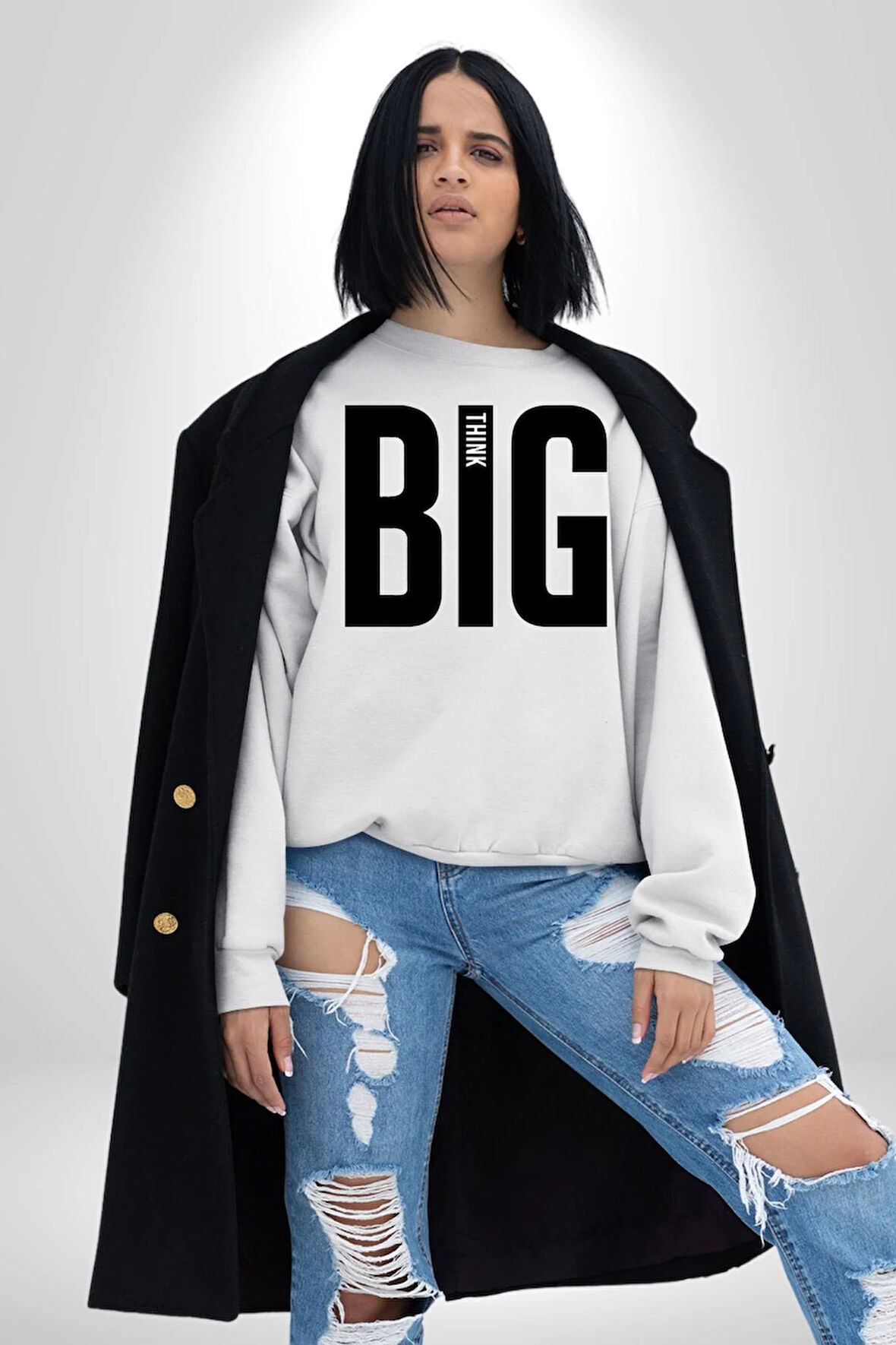 Sokak Sitili Büyük Düşün Erkek Kadın Unisex Dijital Baskılı Beyaz Sweatshirt